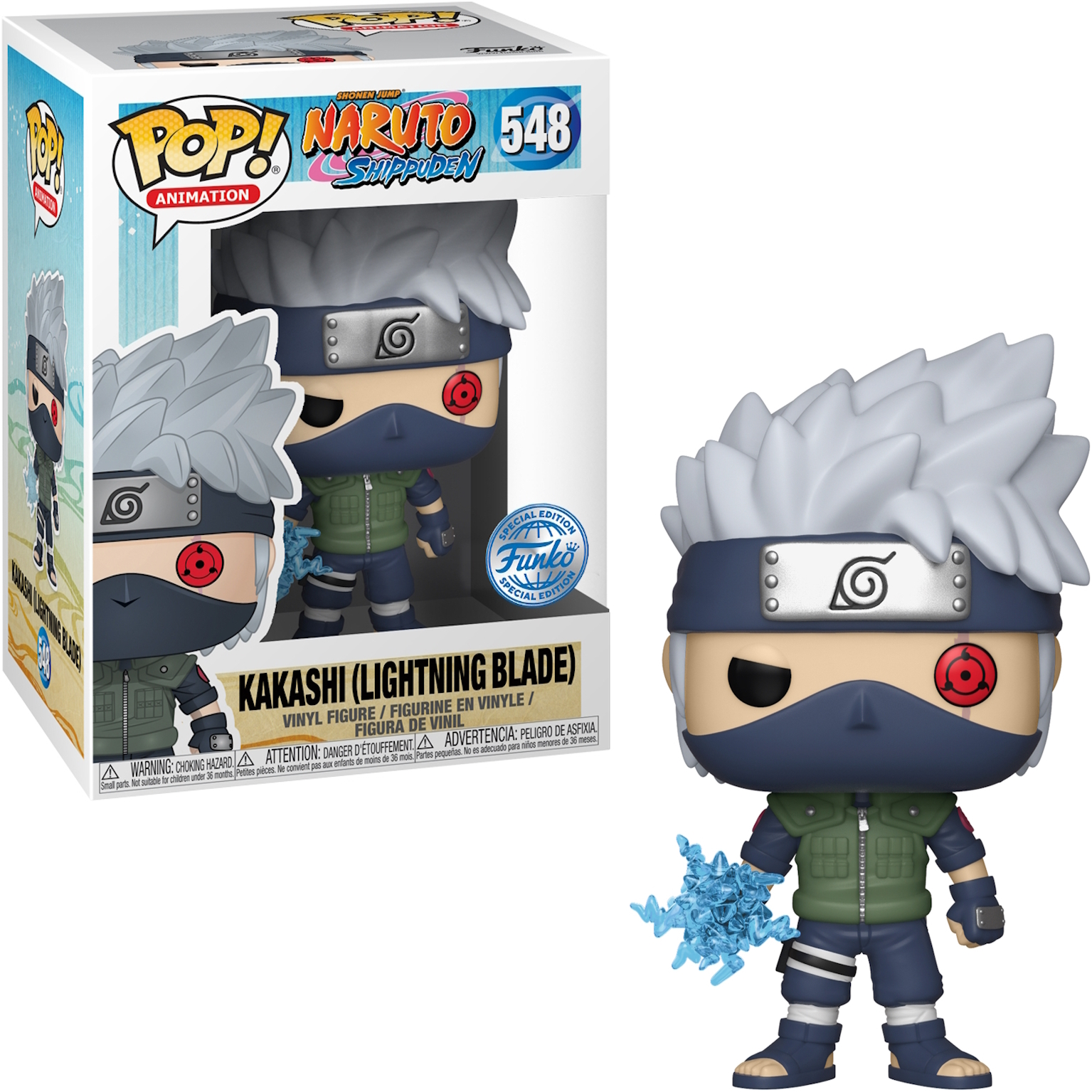 Figura Kakashi Funko Pop in una scatola. Mostra Kakashi con fulmini blu e maschera.