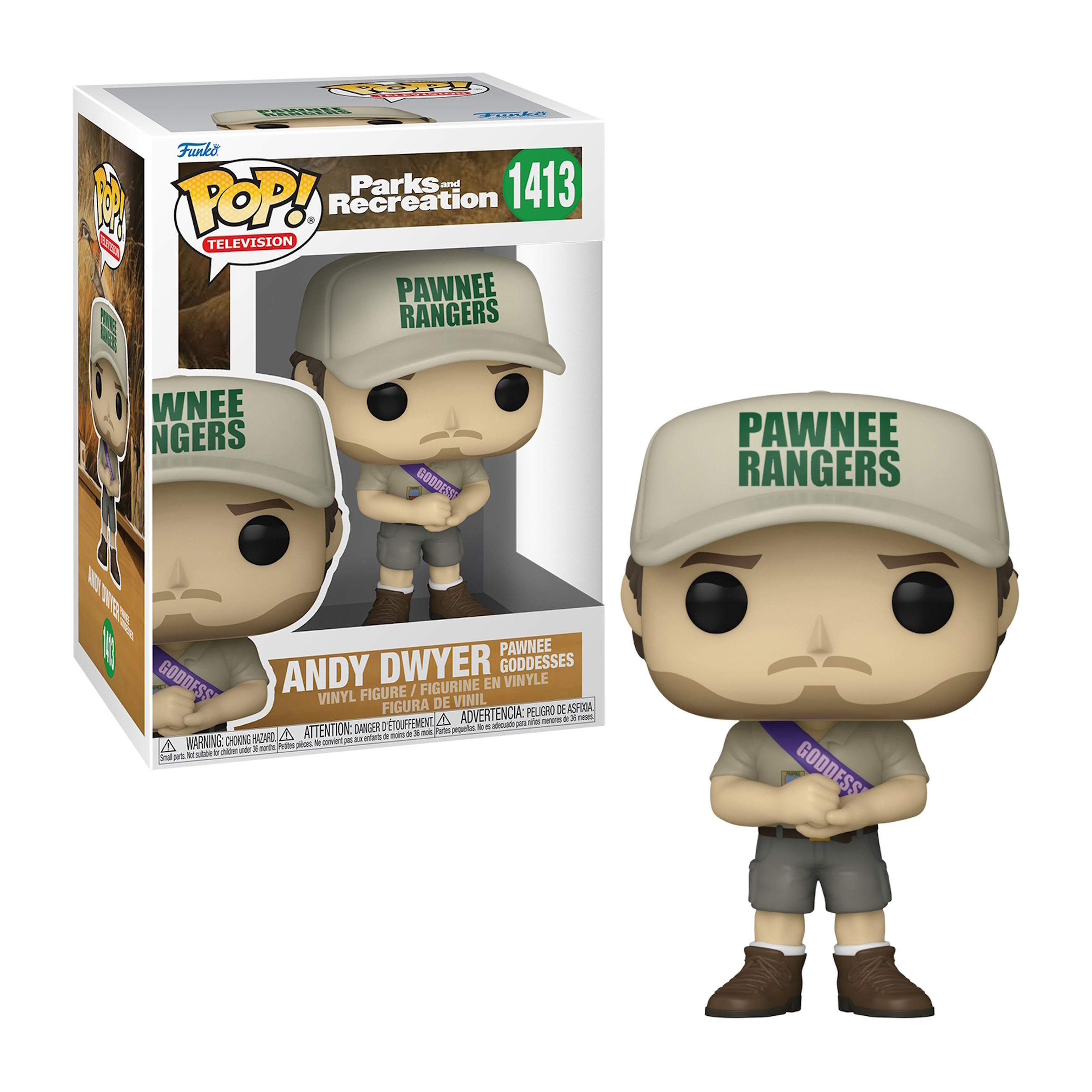 Funko Pop Figur von Andy Dwyer aus Parks and Recreation in einer Box. Er trägt ein Pawnee Rangers Outfit.