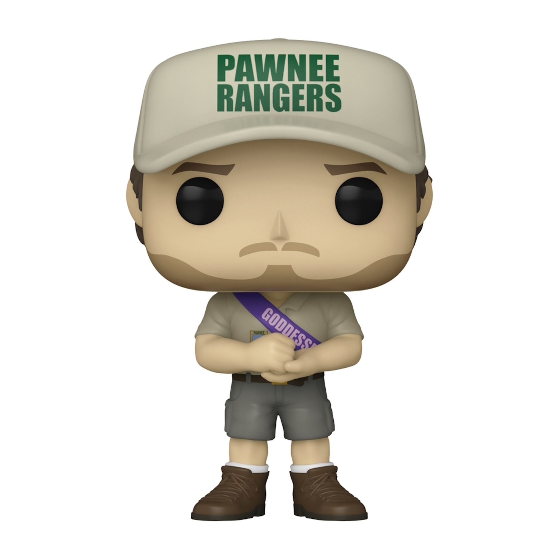 Funko Pop! Figur eines Mannes mit einem Hut mit der Aufschrift Pawnee Rangers.
