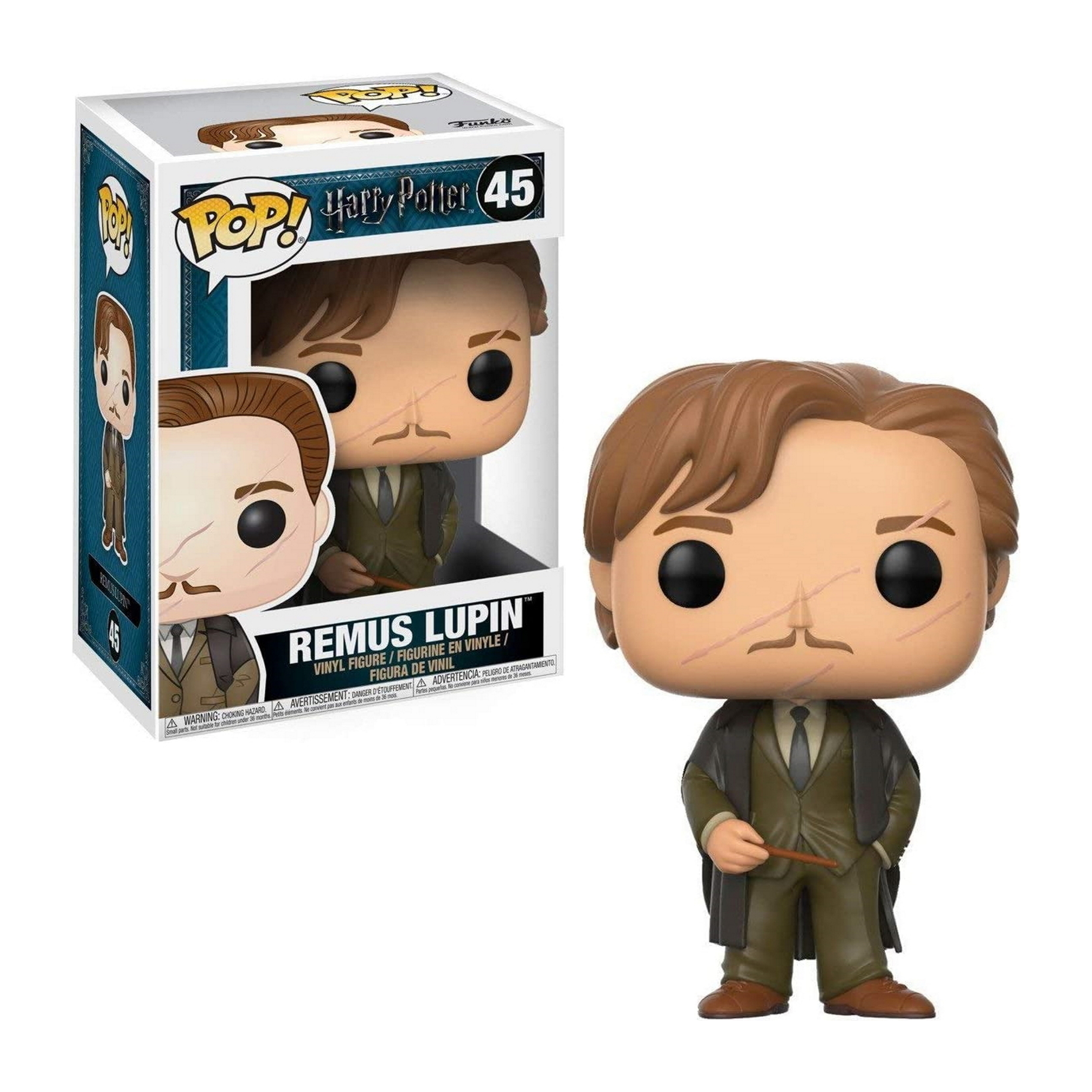 Figurka Remusa Lupina z bliznami, w garniturze, trzymająca różdżkę, z pudełkiem po lewej.