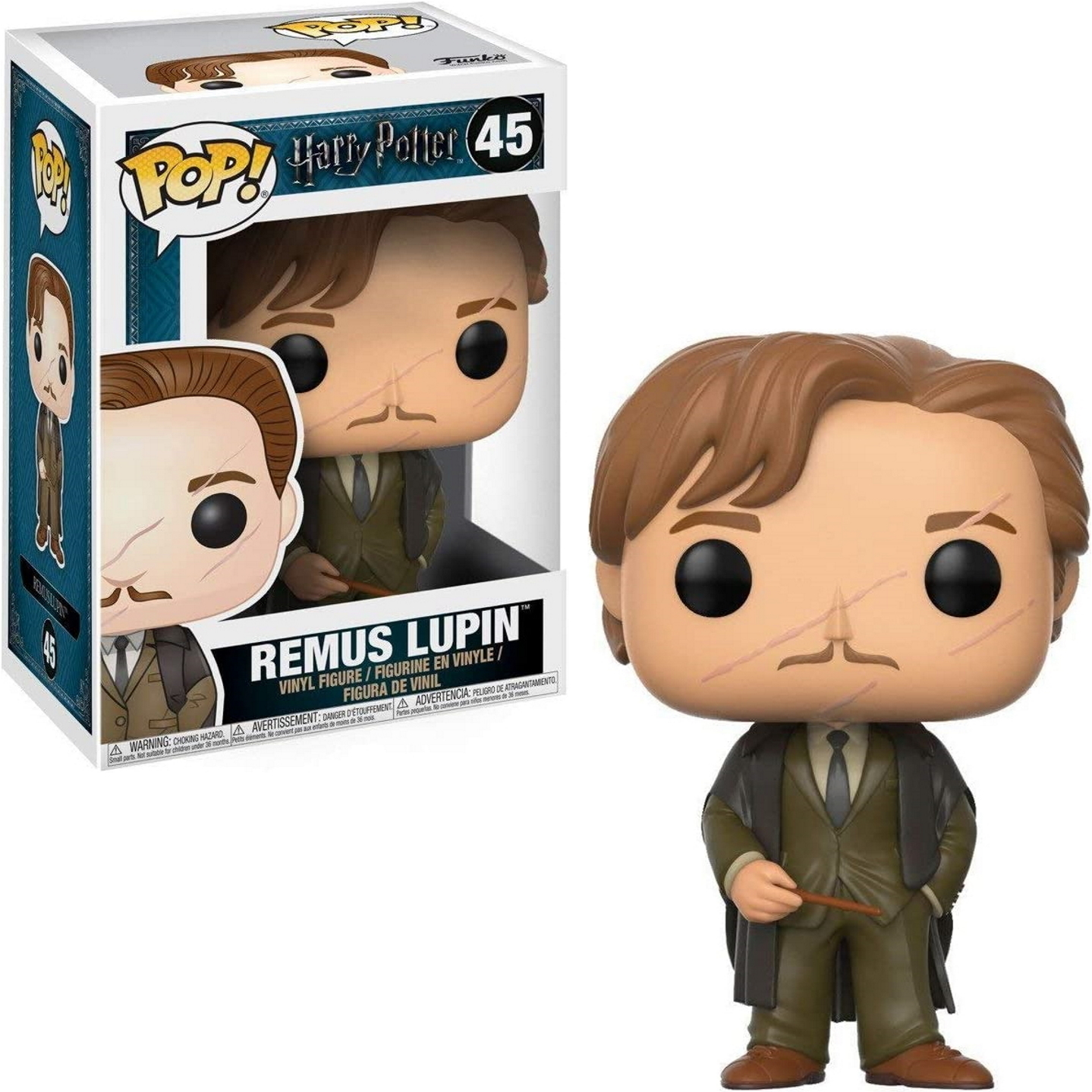 Figurka Remusa Lupina Funko Pop w pudełku i poza nim. W garniturze. Jasne tło.