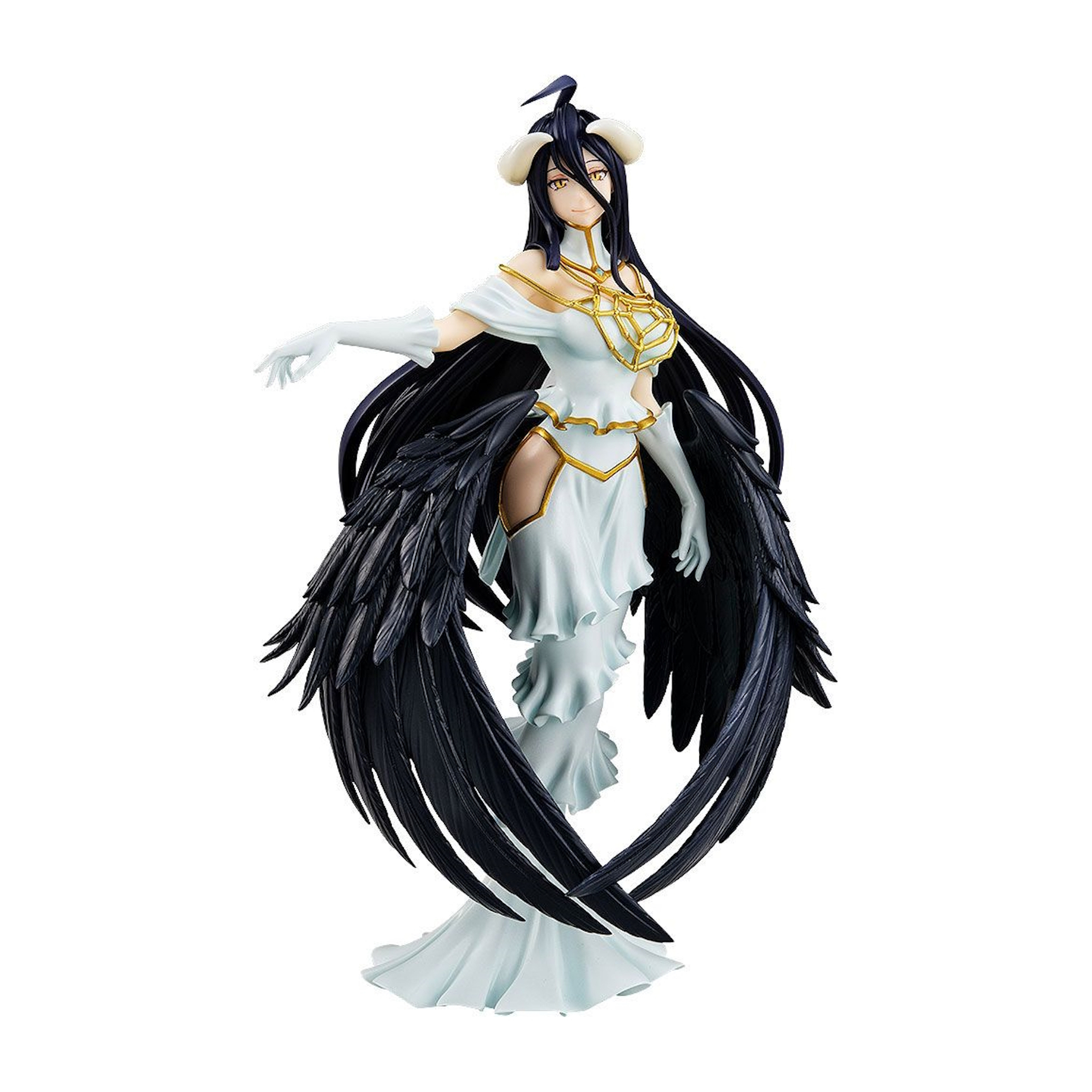 Figur von Albedo aus Overlord. Sie hat lange schwarze Haare, ein weißes Kleid, schwarze Flügel und ein goldenes Detail.