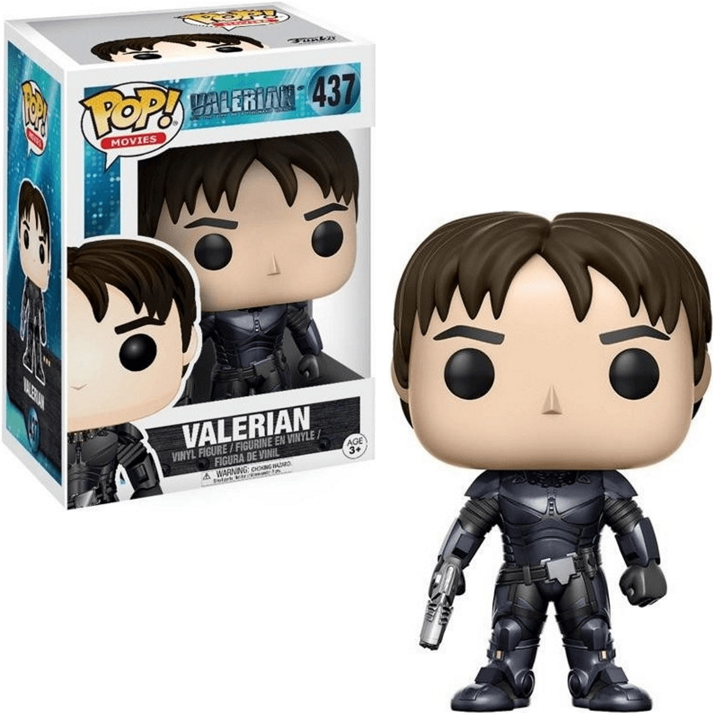 Valerian-Figur mit Box. Die Figur hat braune Haare, trägt einen schwarzen Anzug und hält eine Waffe.
