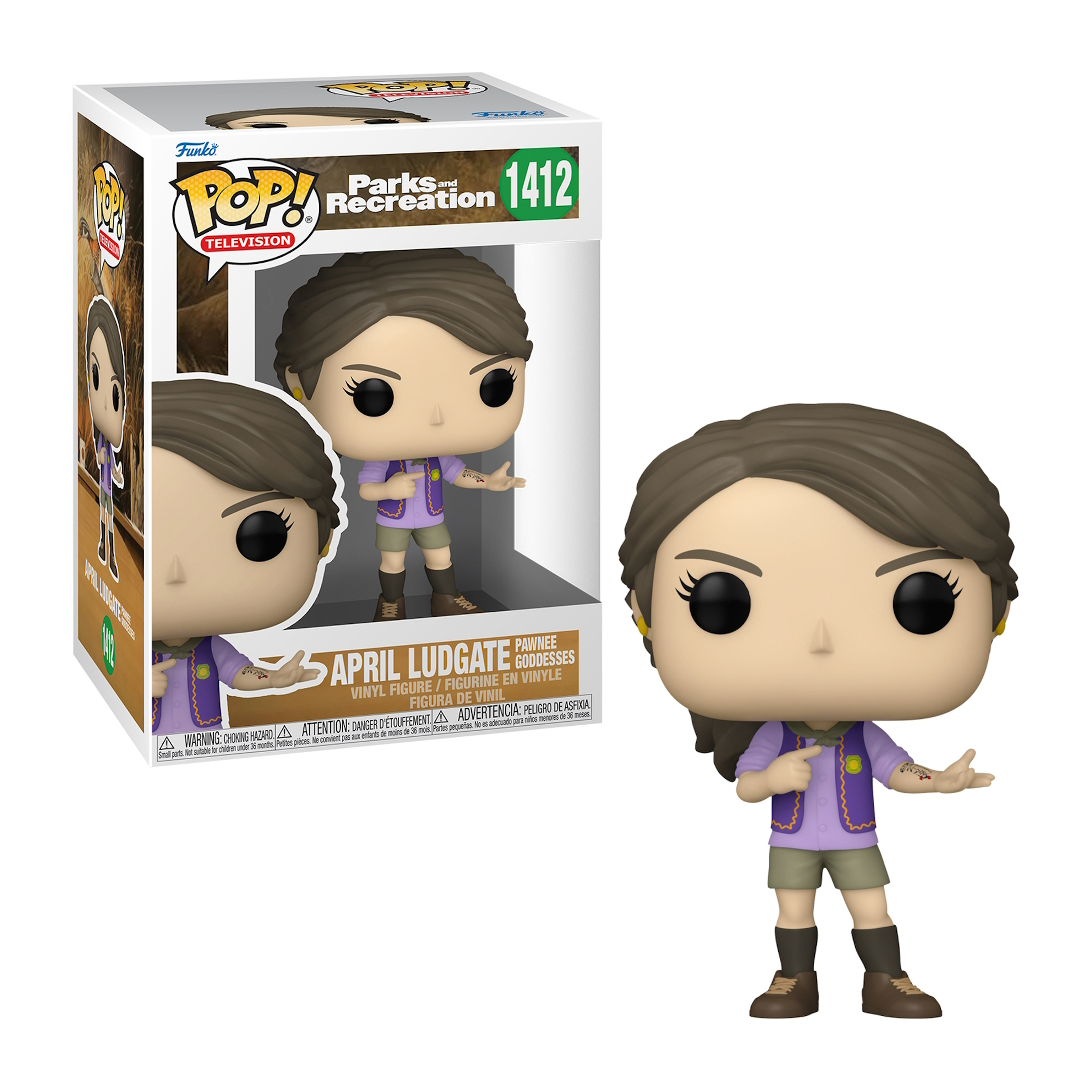 Funko Pop von April Ludgate aus Parks and Recreation. Sie trägt ein lila Hemd und Shorts.