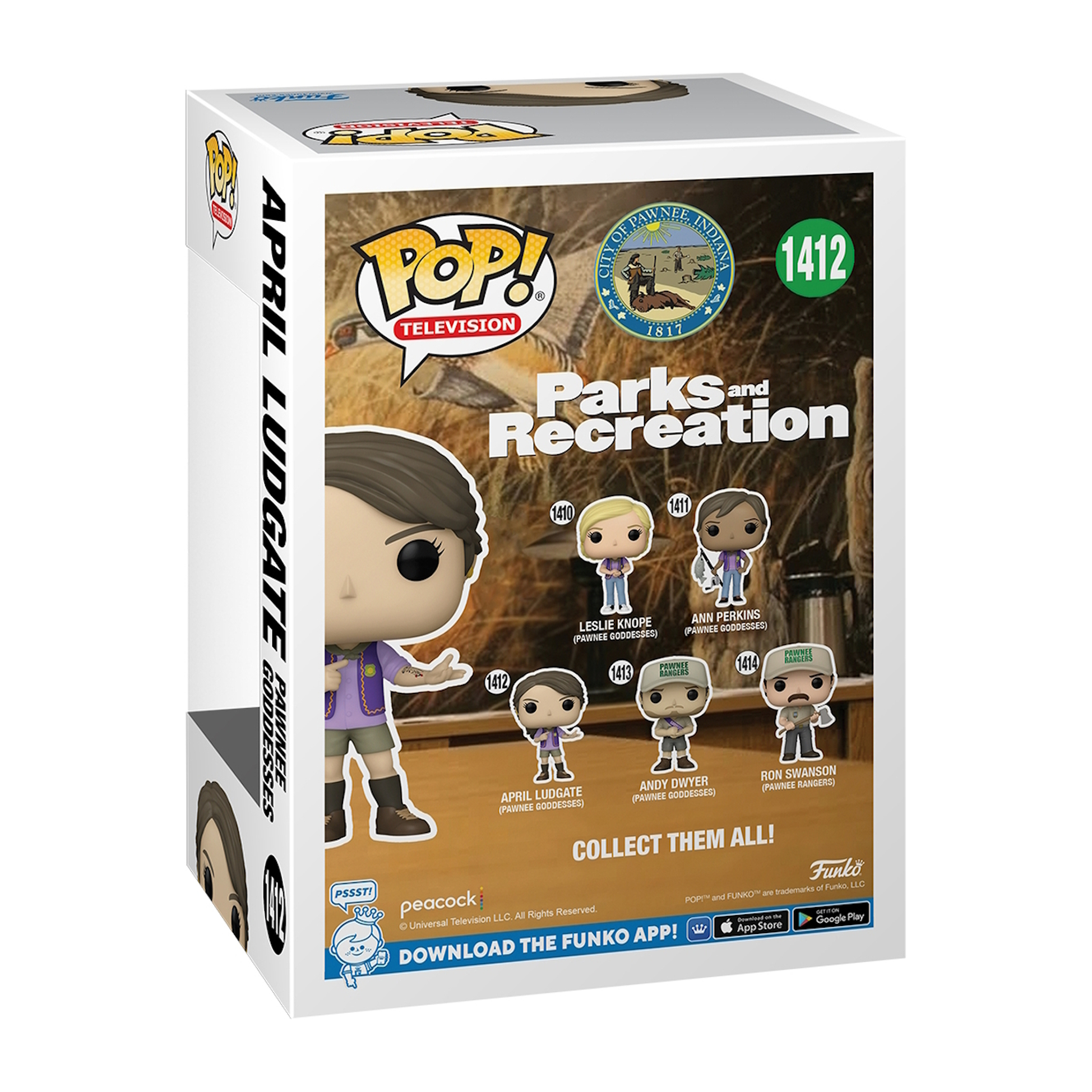 Funko Pop Box mit der Figur April Ludgate aus Parks and Recreation, die Figur ist in der Box.