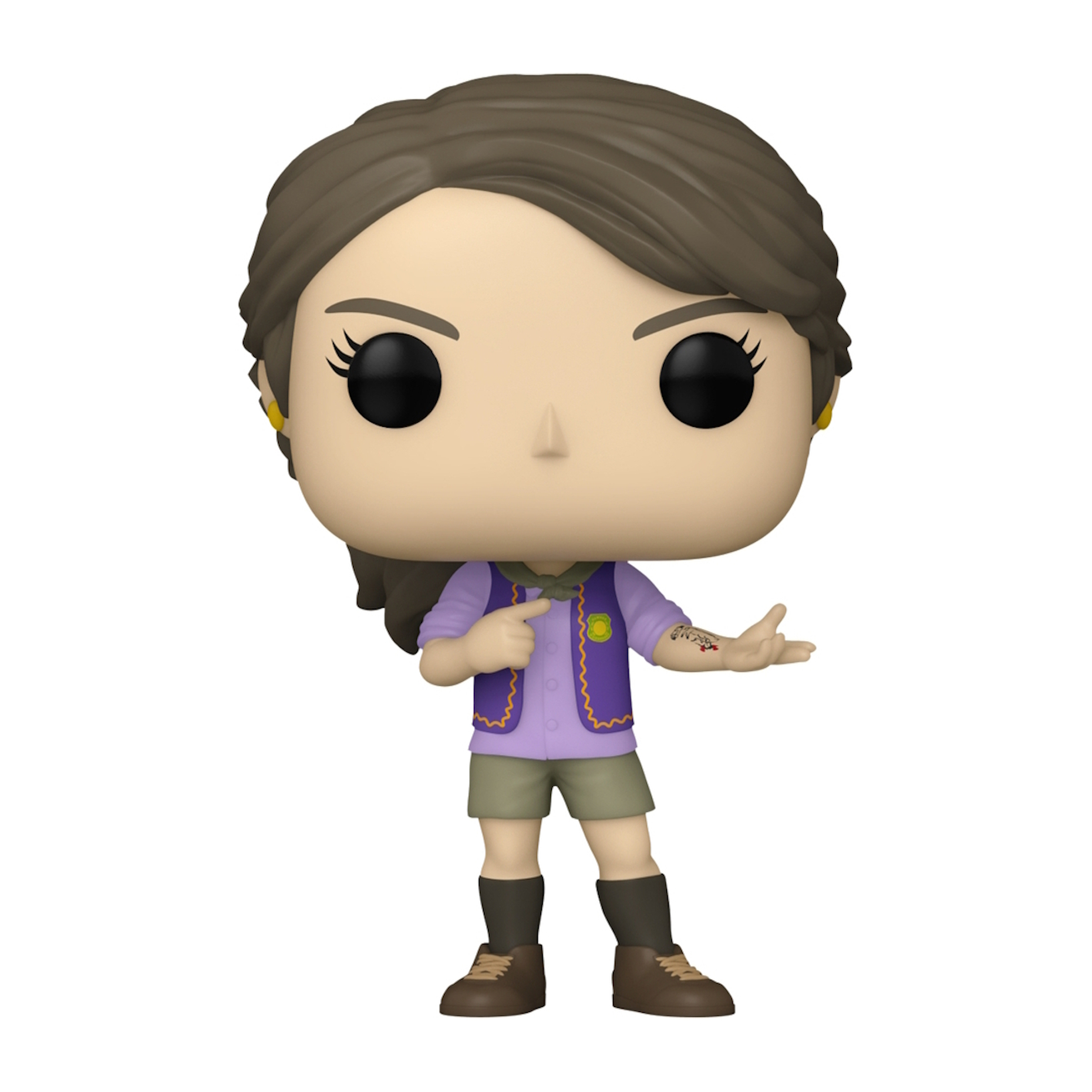 Eine Funko Pop Vinylfigur einer weiblichen Figur in einem lila Outfit und kurzen Haaren.