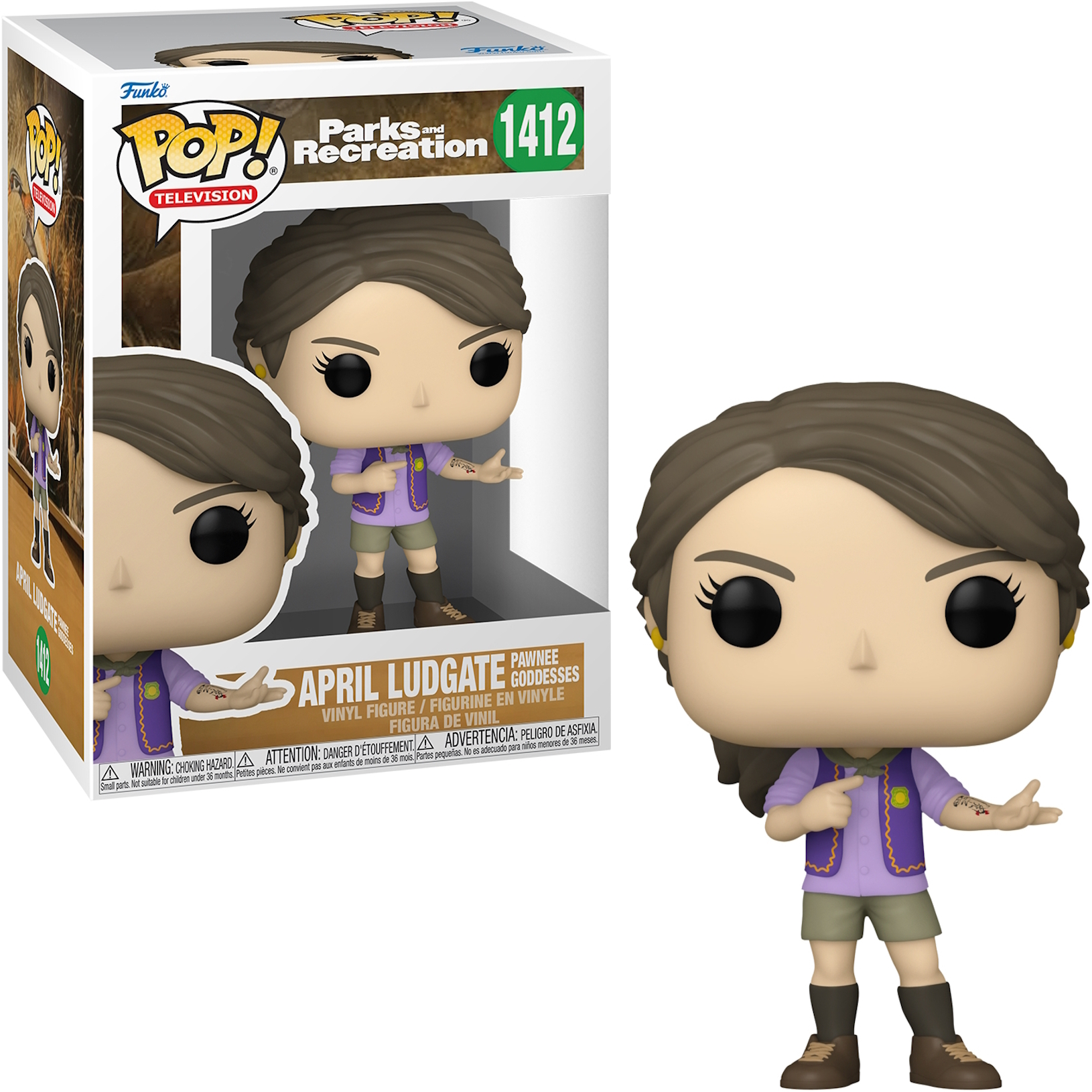 April Ludgate Funko Pop Figur. Sie trägt ein lila Hemd, braune Shorts und hat dunkles Haar.