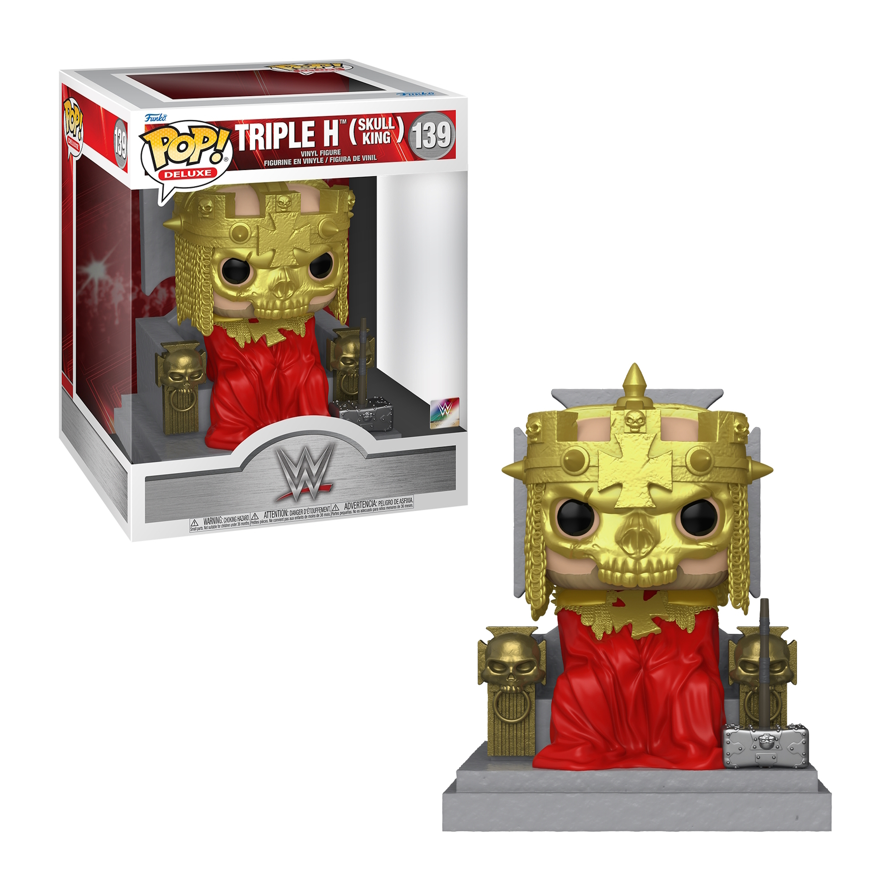 Figurka Triple H Funko Pop w złotej masce czaszki, siedząca na tronie, z pudełkiem.