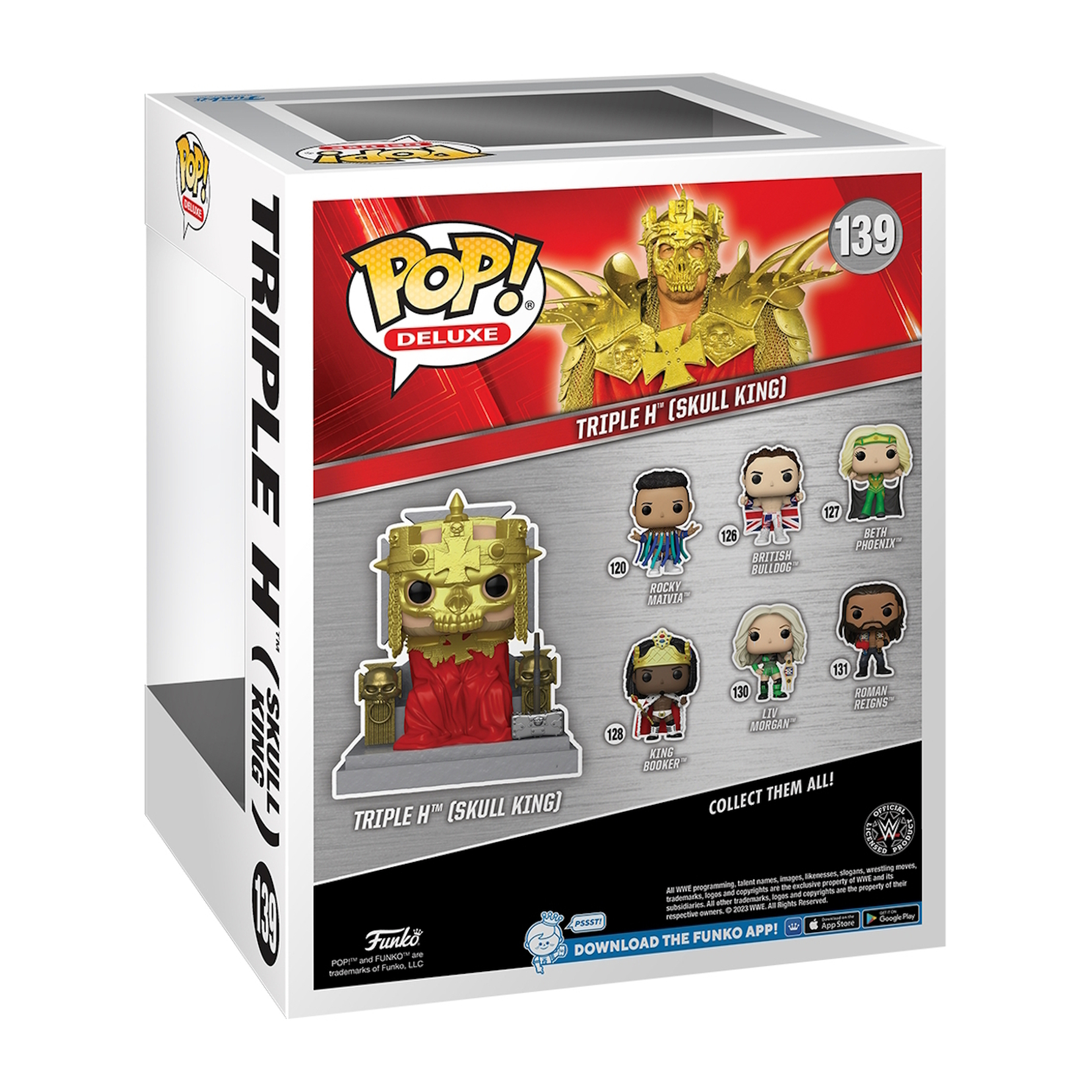 Pudełko Funko Pop z figurką Triple H (Skull King), z innymi figurkami na odwrocie.