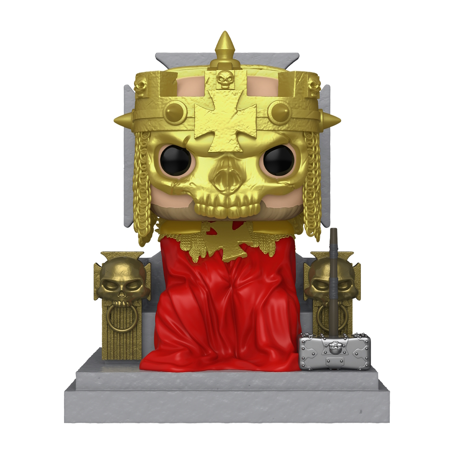 Figurka Funko Pop złotego króla w masce na tronie z młotkiem i tarczą.