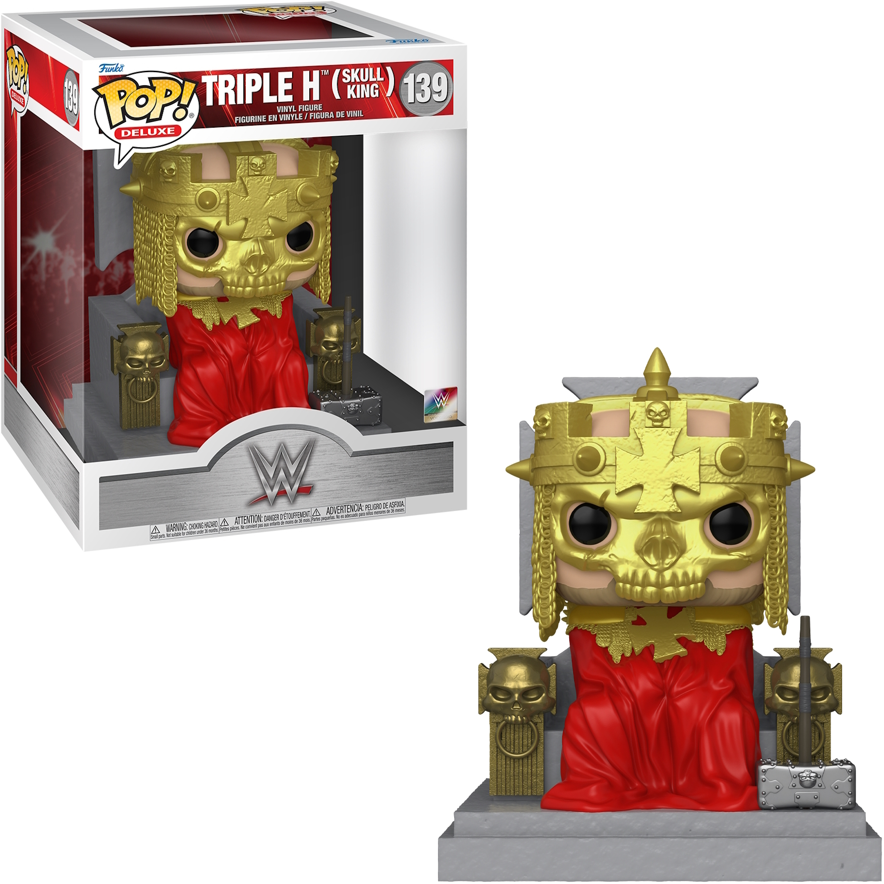 Figurka Triple H (Skull King) Funko Pop. Złota maska i korona. Czerwona szata. Białe tło.