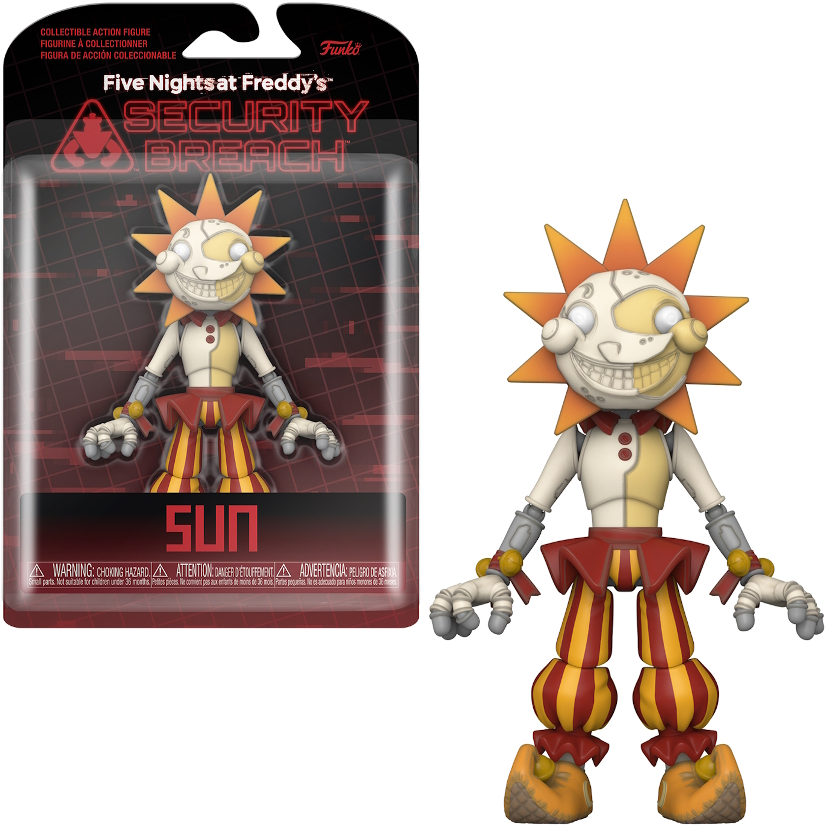 Sun von Five Nights at Freddy's Figur in einer Verpackung und die Figur stehend, mit einem breiten Lächeln.