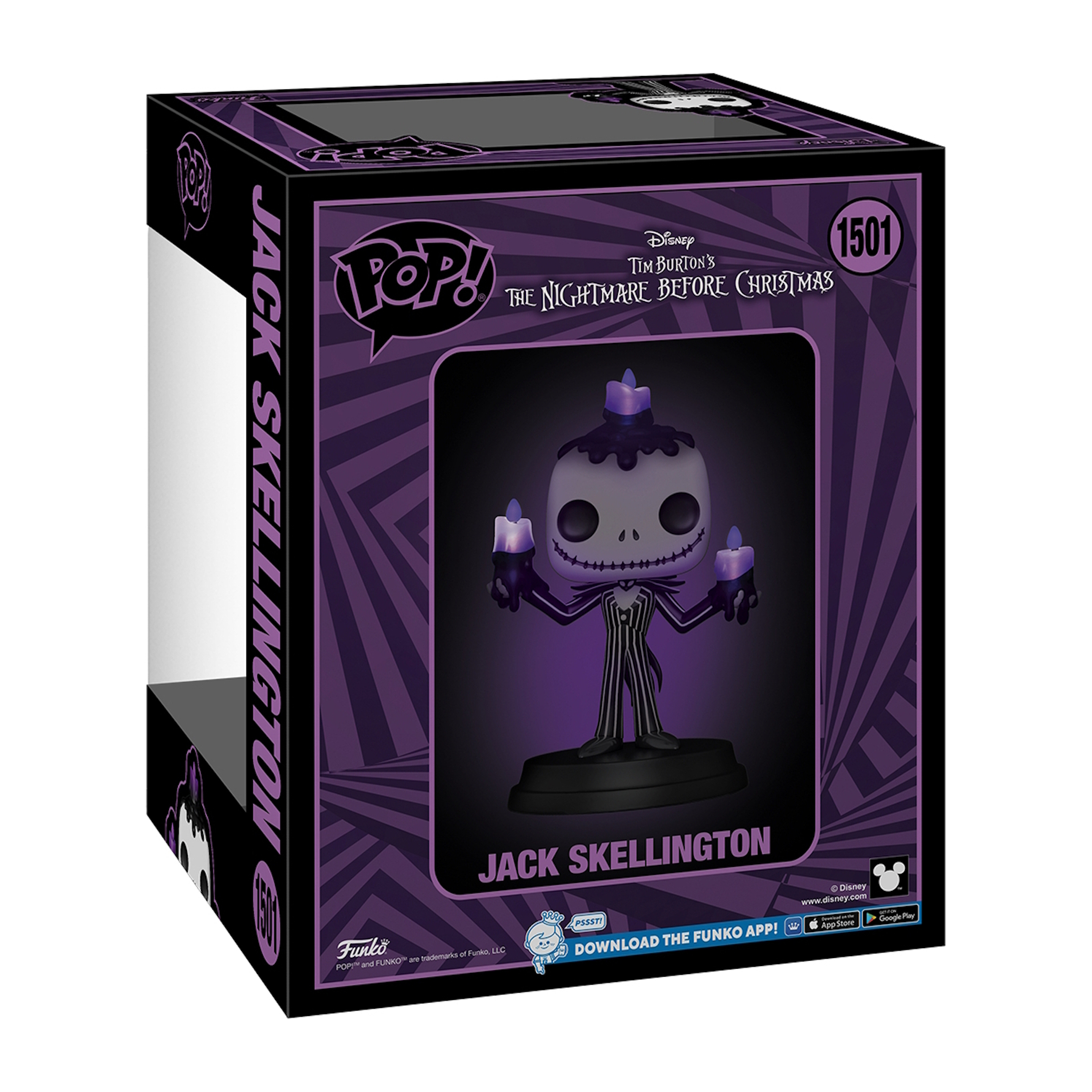 Una caja Funko Pop de Jack Skellington. La figura lleva un traje a rayas blanco y negro. La caja tiene ilustraciones.