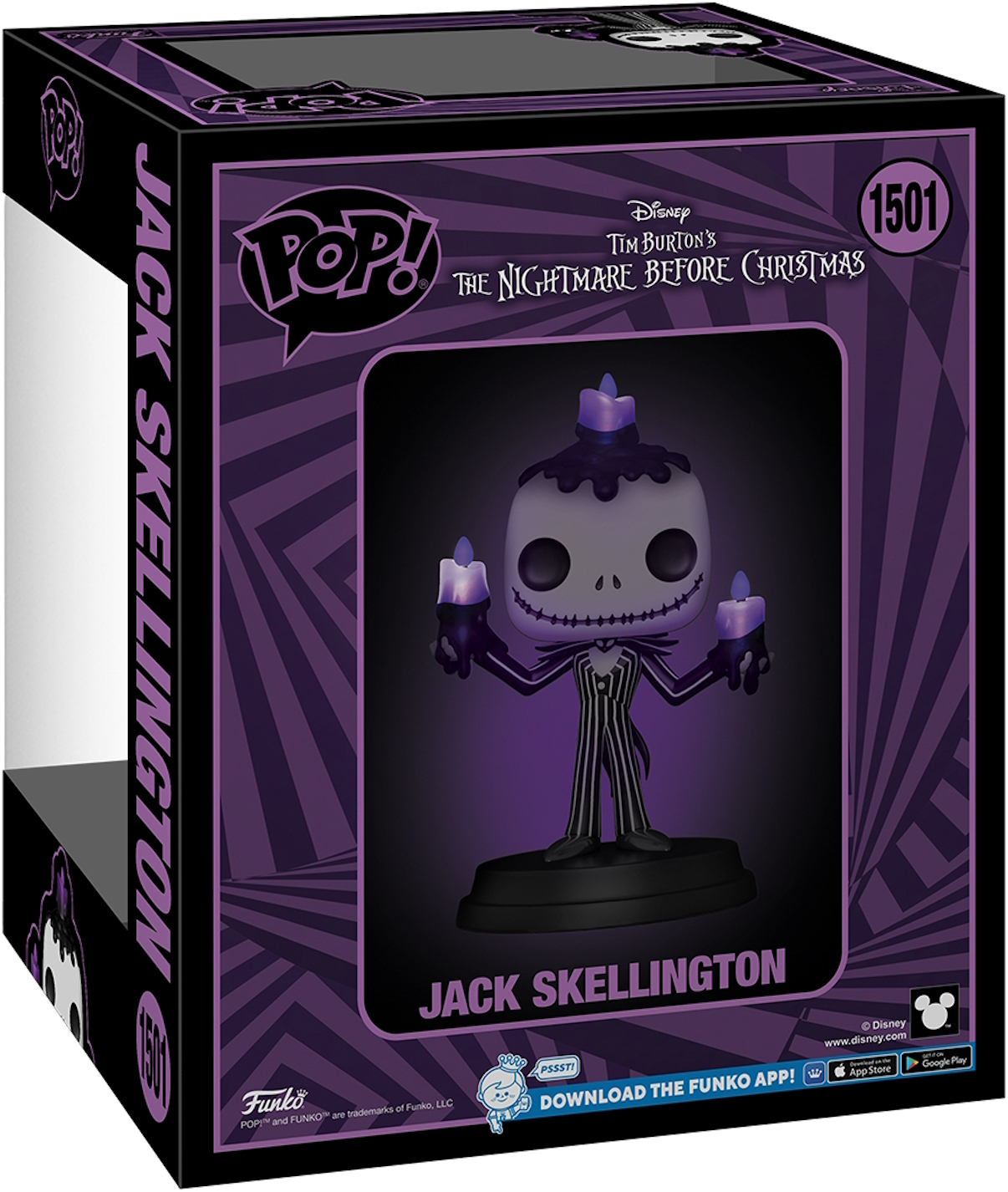 Figura de Jack Skellington Pop! en caja, sosteniendo velas. Caja negra y morada.