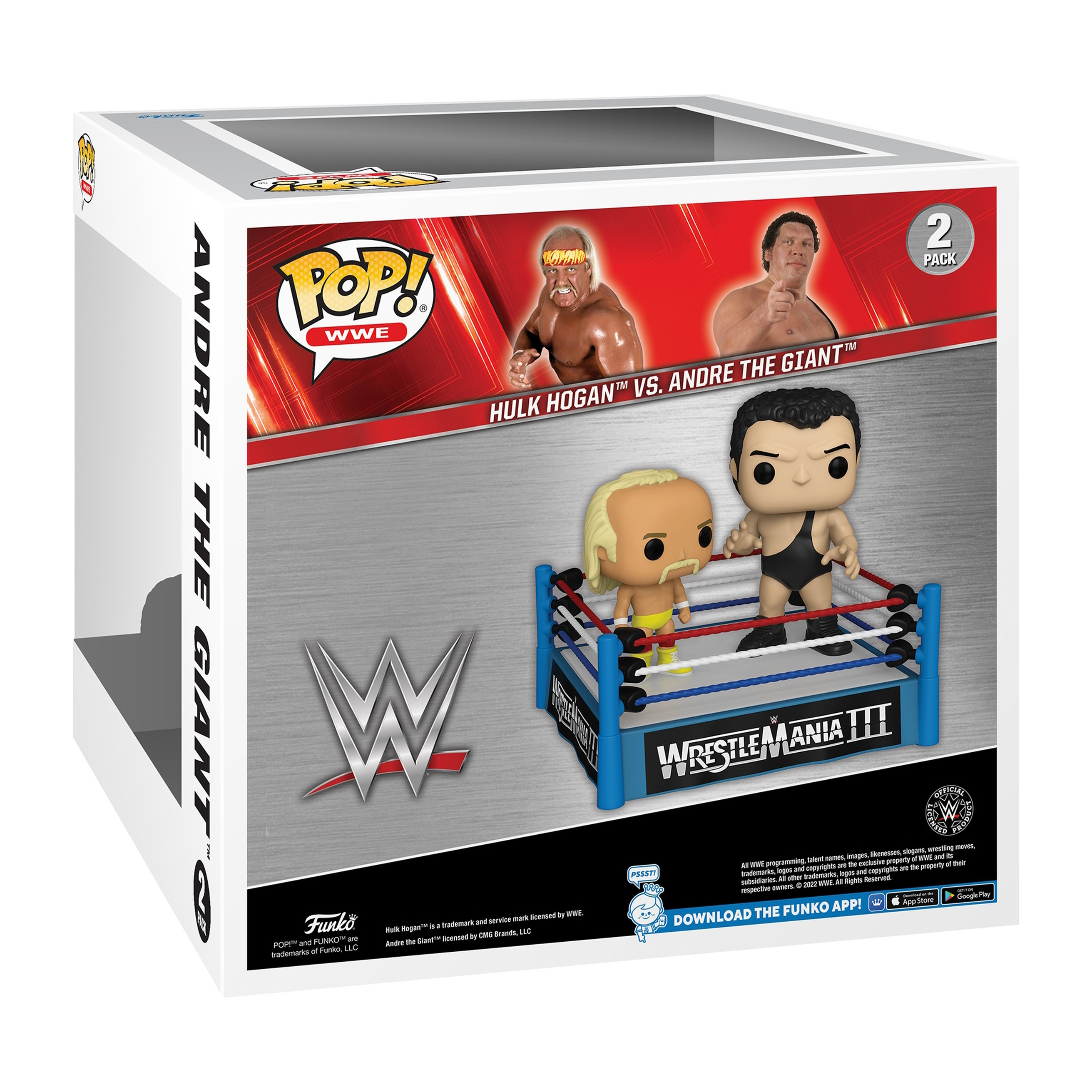 Box-Set von Hulk Hogan vs. Andre the Giant Figuren. Enthält einen Wrestling-Ring und zwei Funko Pop Figuren.