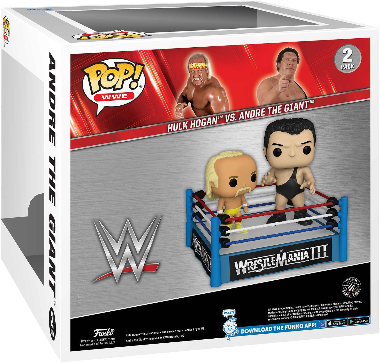 Hulk Hogan vs. Andre the Giant Figuren im Ring. Box zeigt sie.