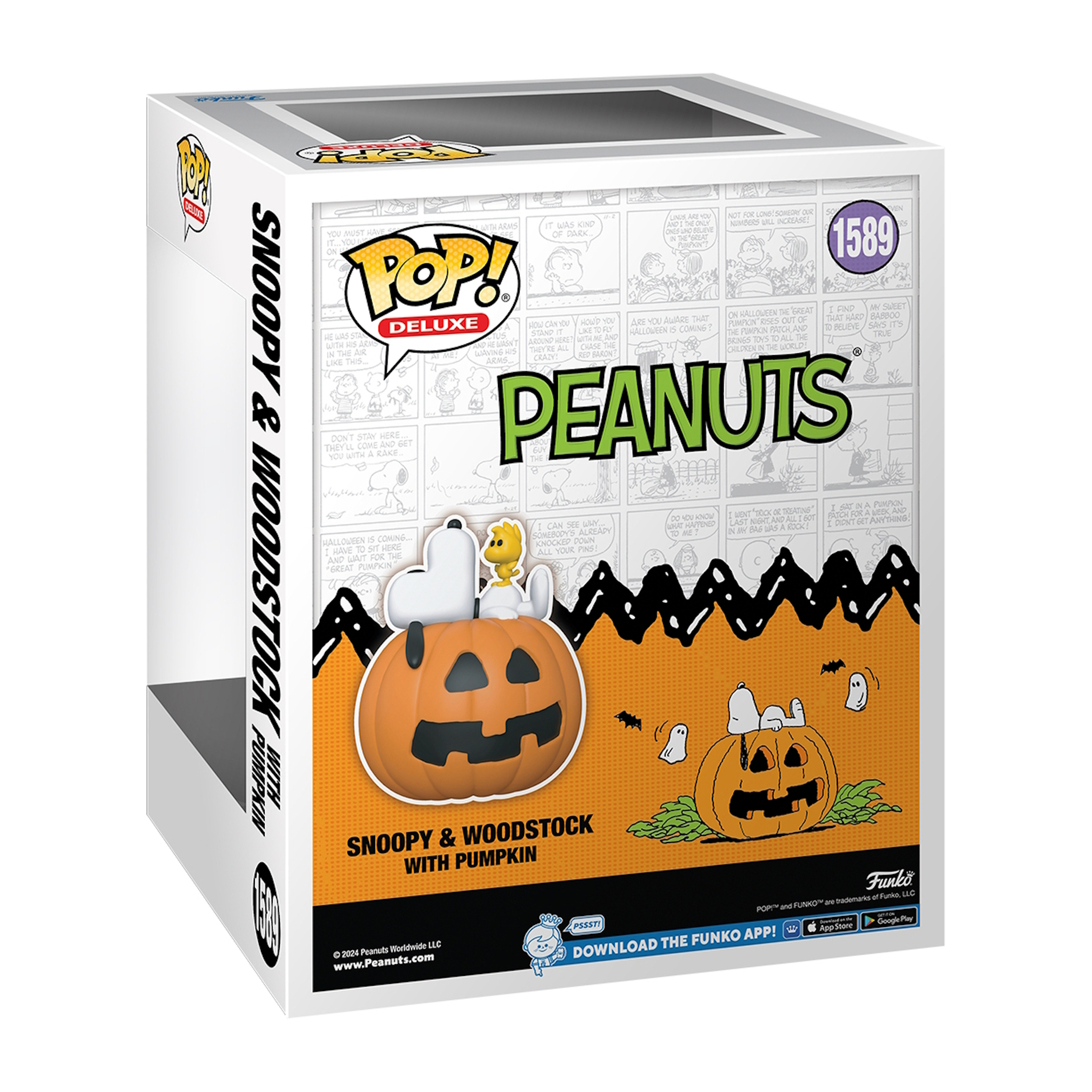 Ein Snoopy & Woodstock mit Pumpkin Funko Pop in einer Box. Die Box hat ein Halloween-Thema.