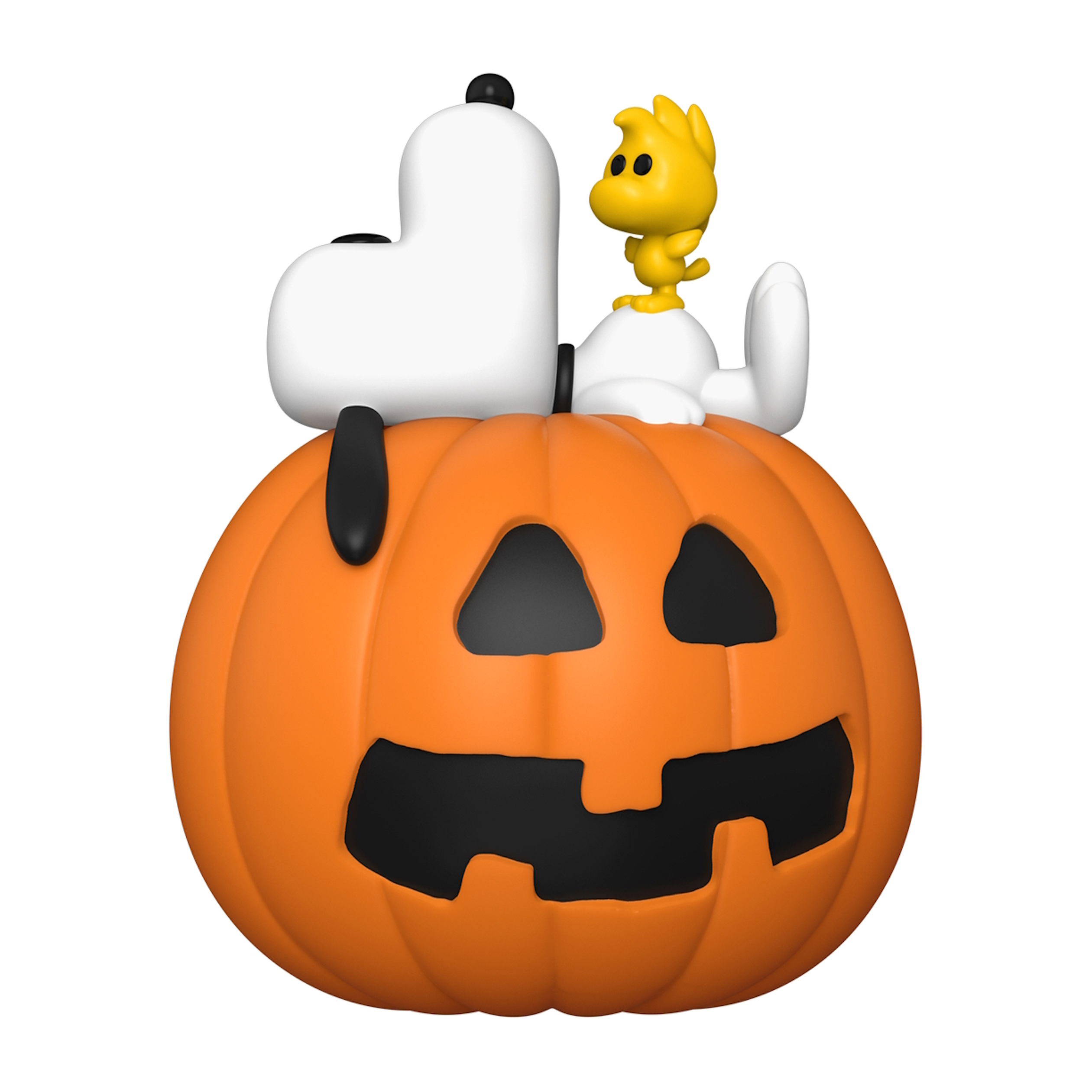 Snoopy und Woodstock auf einem Kürbis. Snoopy ist weiß, Woodstock ist gelb und Kürbis ist orange.