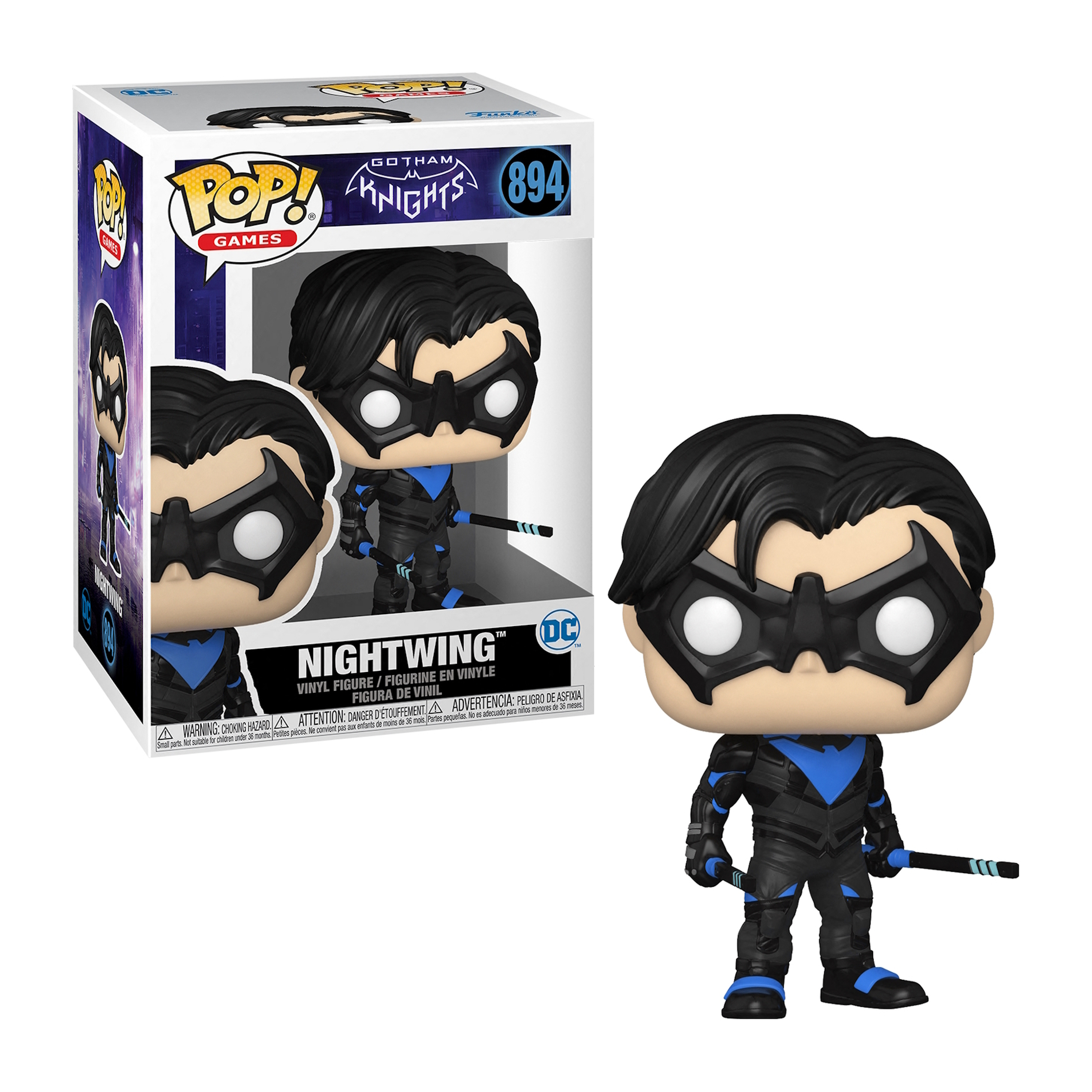Figura di Nightwing in scatola. Abito blu e nero, maschera e capelli neri.