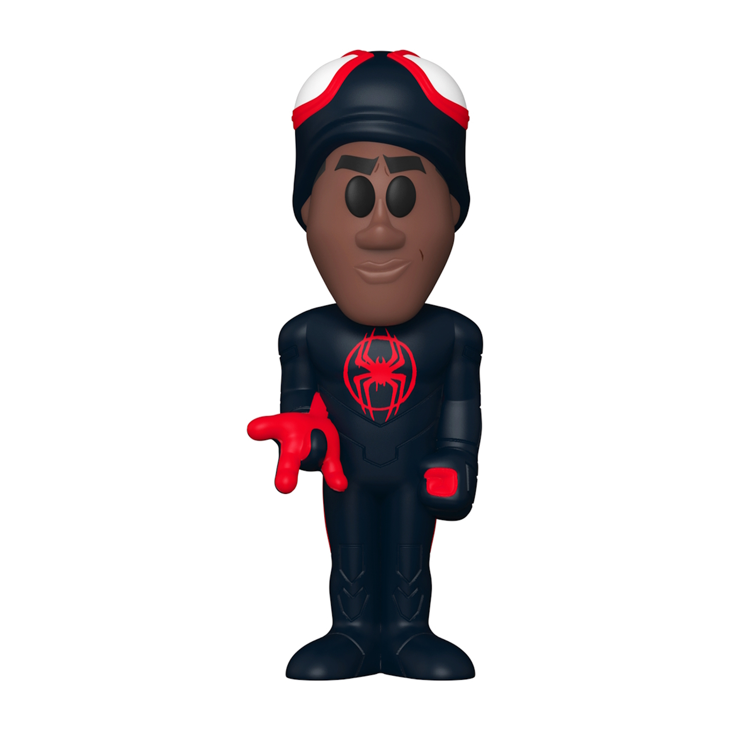 Eine Funko Pop Figur von Miles Morales im Spider-Man Anzug, der einen Web-Shooter hält.