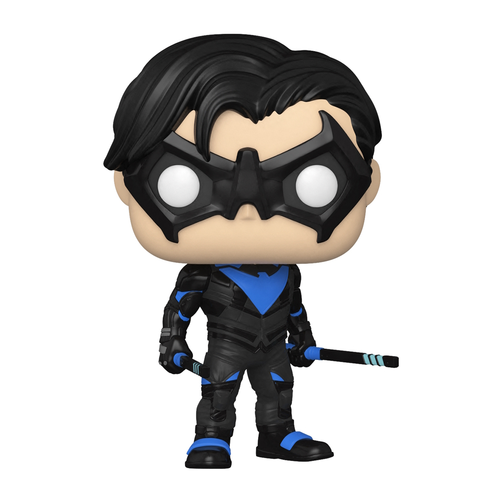 Figura Funko Pop di Nightwing. Maschera e capelli neri, tuta blu e nera, tiene due bastoni.
