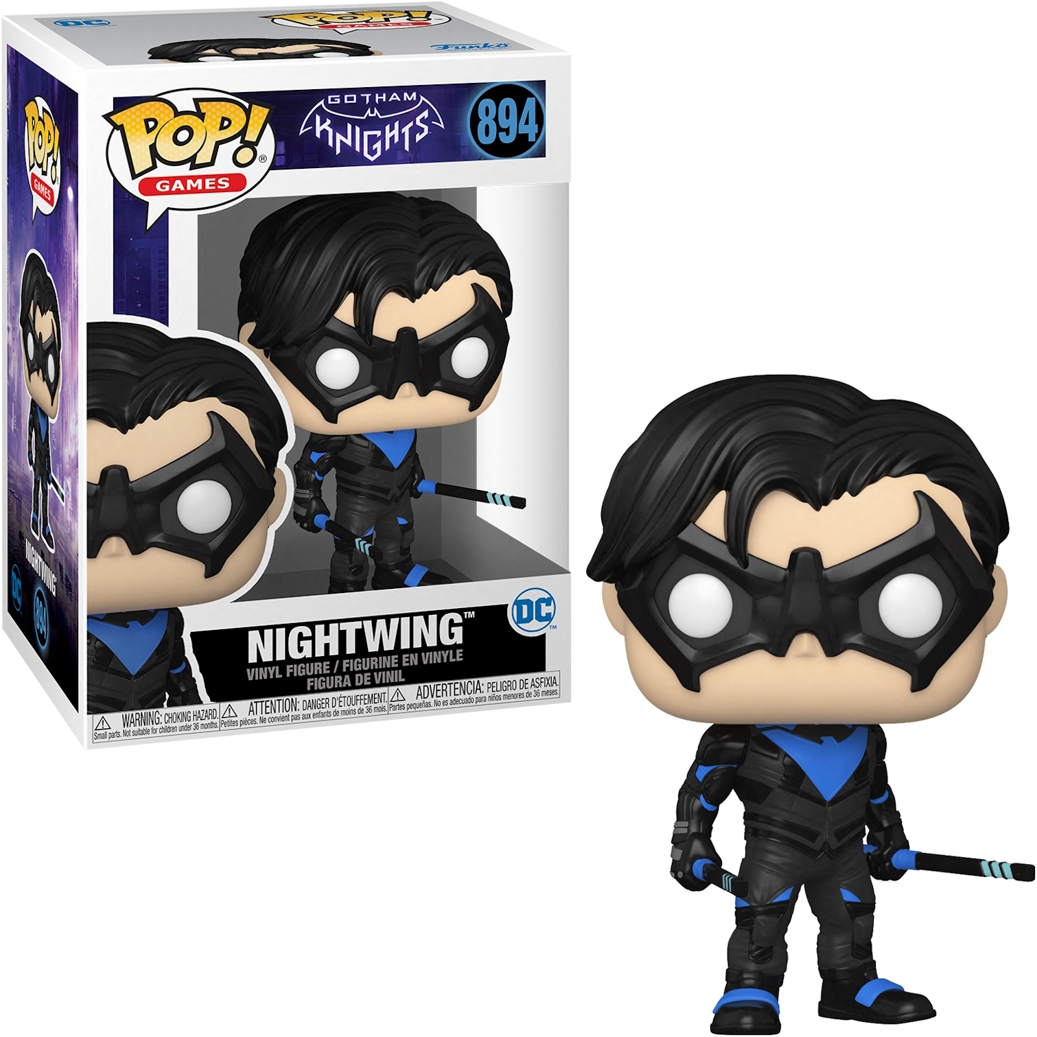 Nightwing Pop! figure nella scatola e fuori. Costume nero e blu, maschera nera. Tiene un bastone.