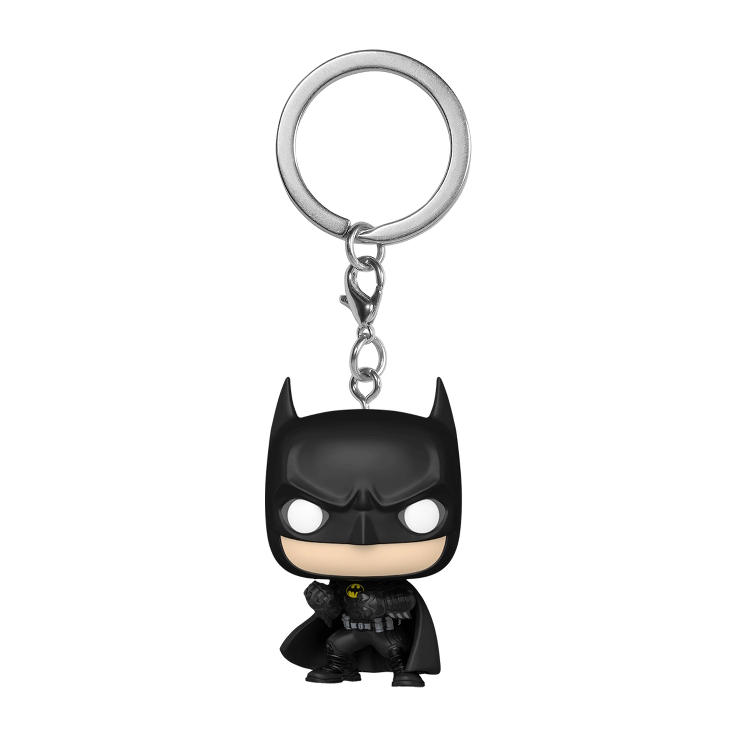 Batman Schlüsselanhänger Funko Pop Figur. Er ist in Schwarz, mit Umhang und einem silbernen Ring für Schlüssel.