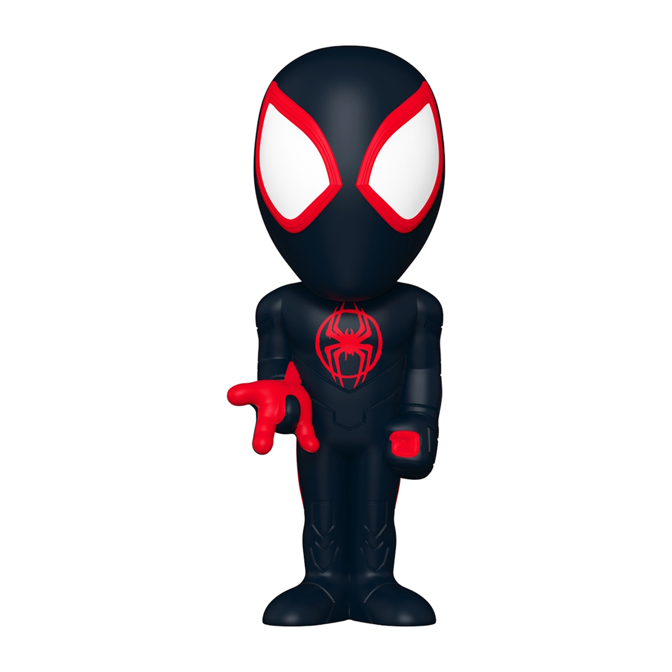 Spider-Man Miles Morales Figur. Schwarzer Anzug, rote Akzente und weiße Augen. Posing mit einer Hand.