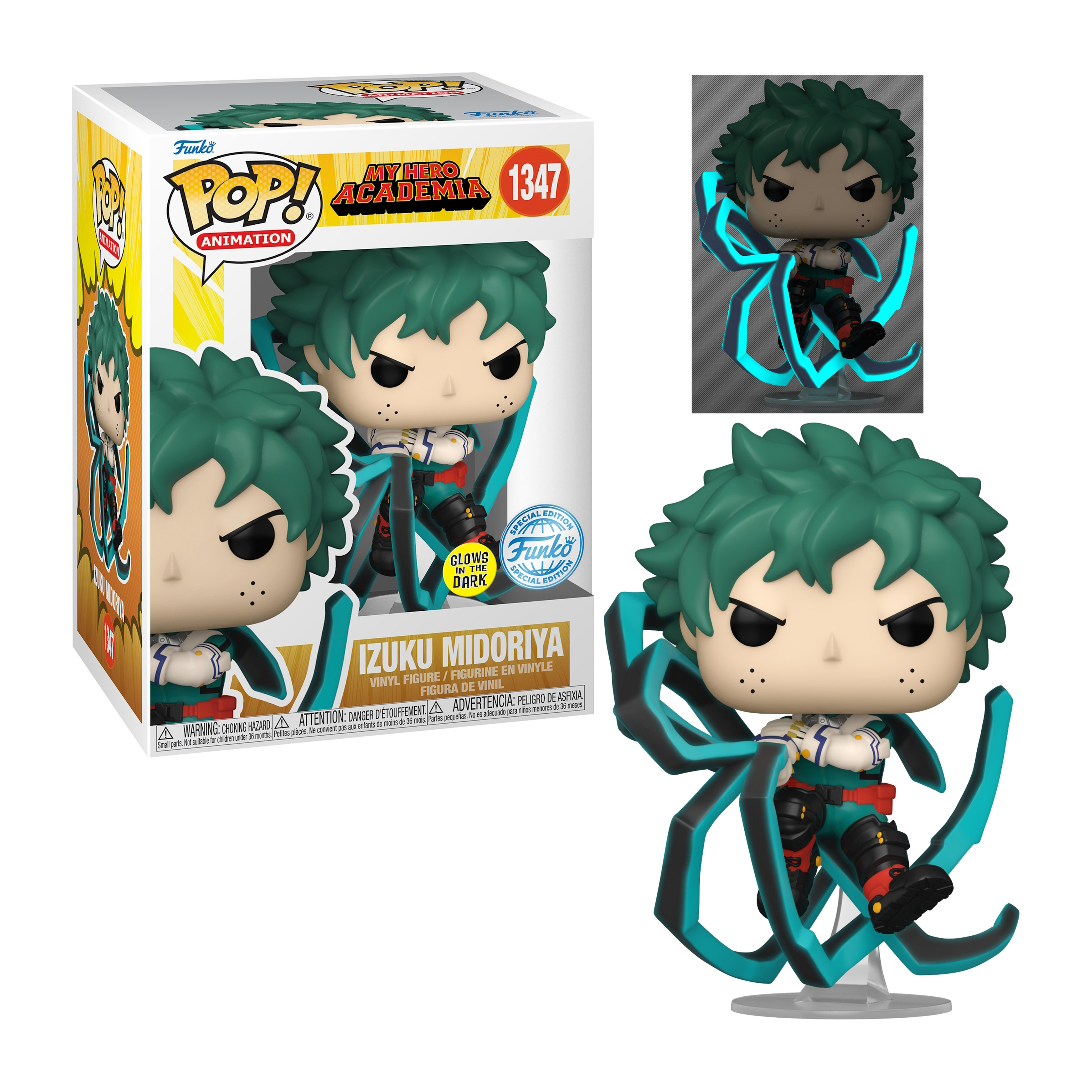 Izuku Midoriya Funko Pop Figur mit Box. Es leuchtet im Dunkeln. Grünes Haar, schwarzes und grünes Outfit.