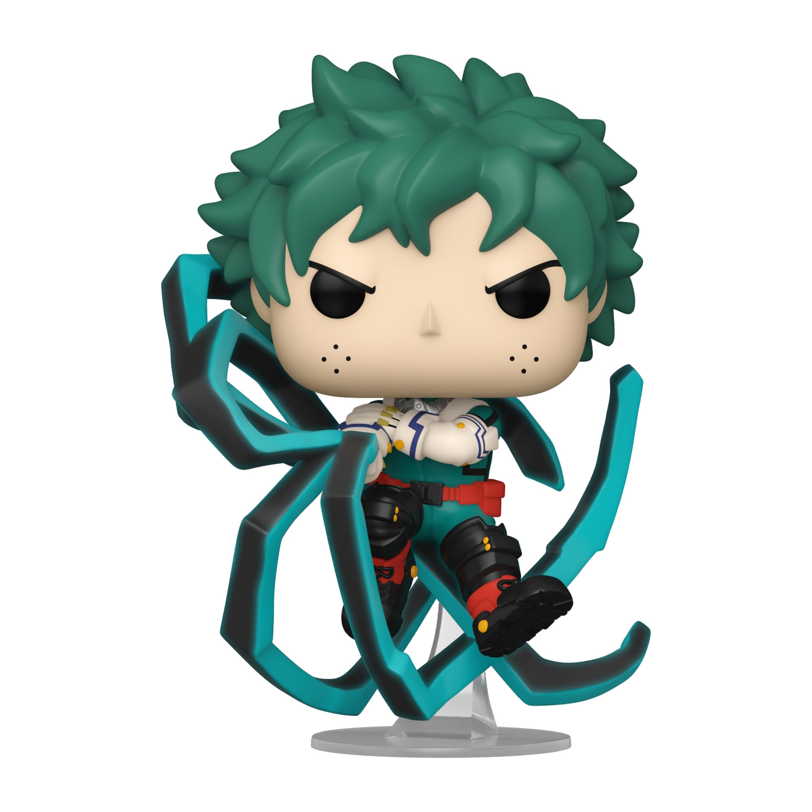 My Hero Academia Figur. Grünhaariger Charakter in Actionpose mit blauen Energieeffekten. Schwarze Augen, entschlossener Blick.