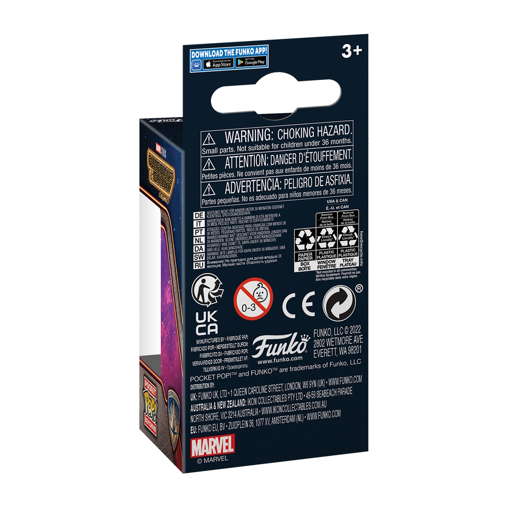 Rückseite einer Funko Pop-Box mit Warnhinweisen, Recycling-Symbolen und Funko-Branding.