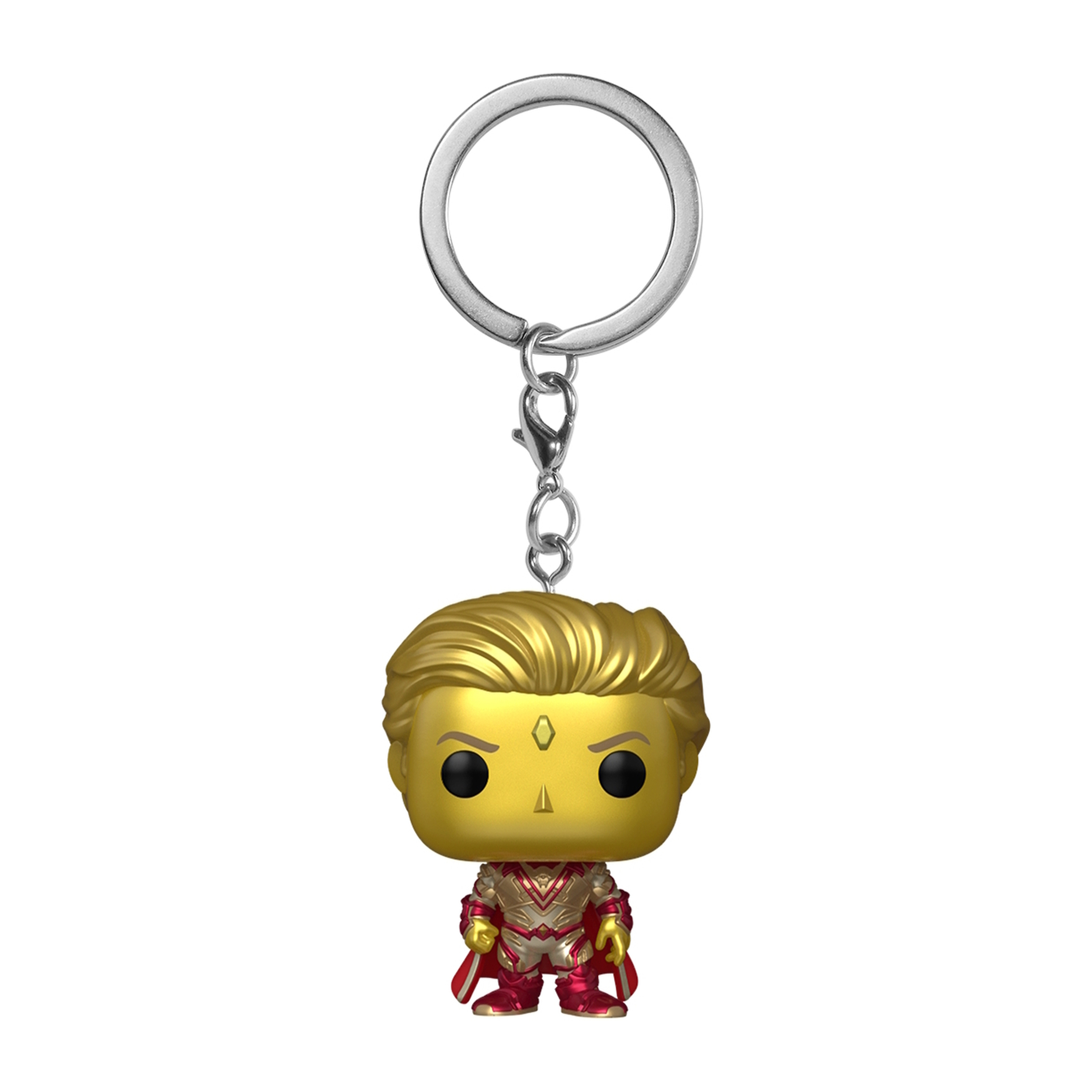 Schlüsselanhänger mit goldhaariger Figur in rot-goldener Kleidung.