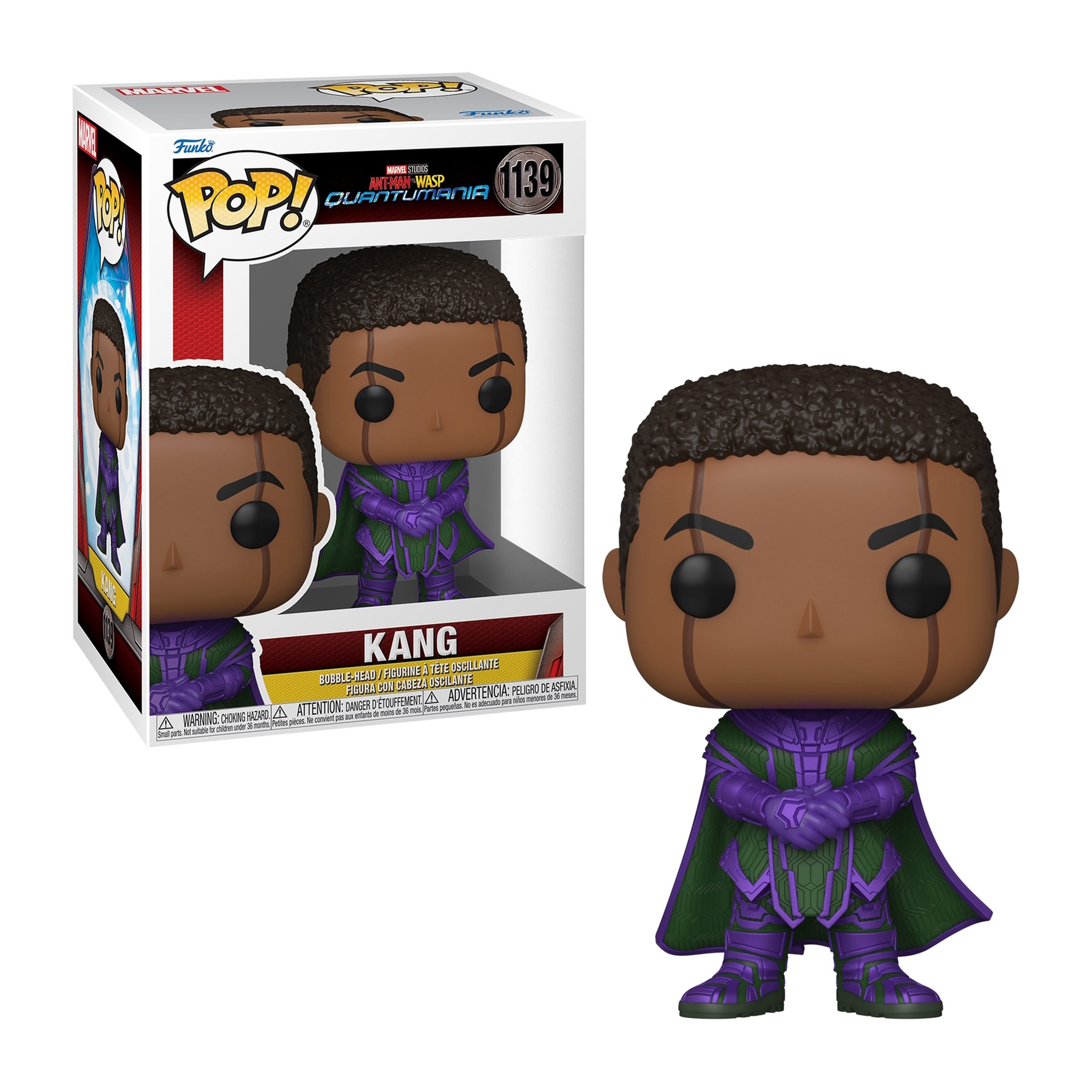 Kang Funko Pop Figur. Figur in lila-grünem Outfit, in einer Box mit Kang's Bild.