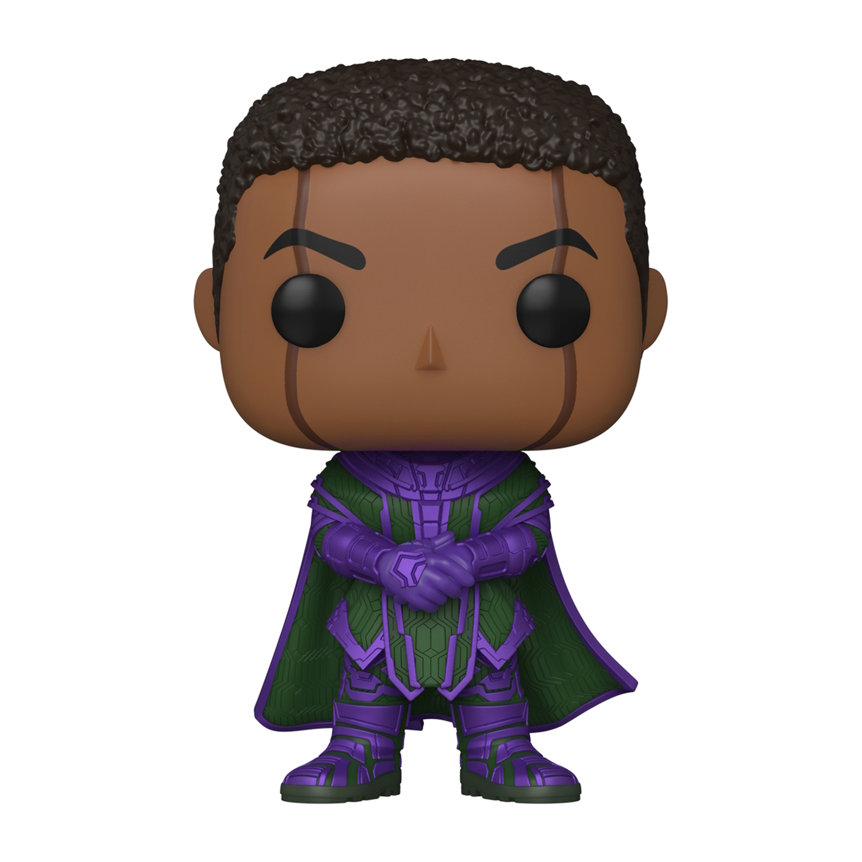 Eine Funko Pop-Figur von Kang, mit detailliertem Gesicht, in einem lila-grünen Kostüm, stehend.