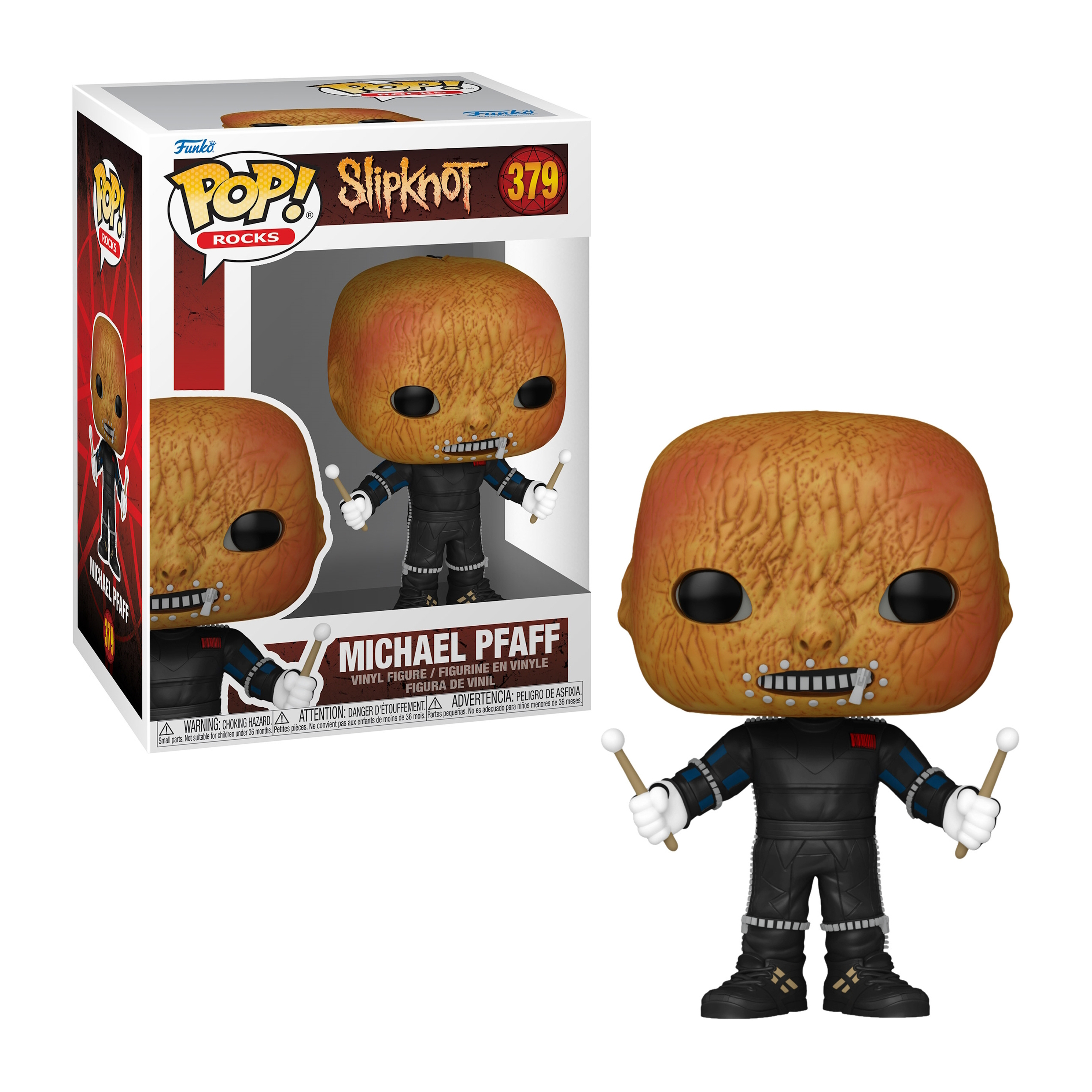Michael Pfaff Figur der Band Slipknot, in schwarzem Anzug, mit Trommelstöcken, mit Maske.