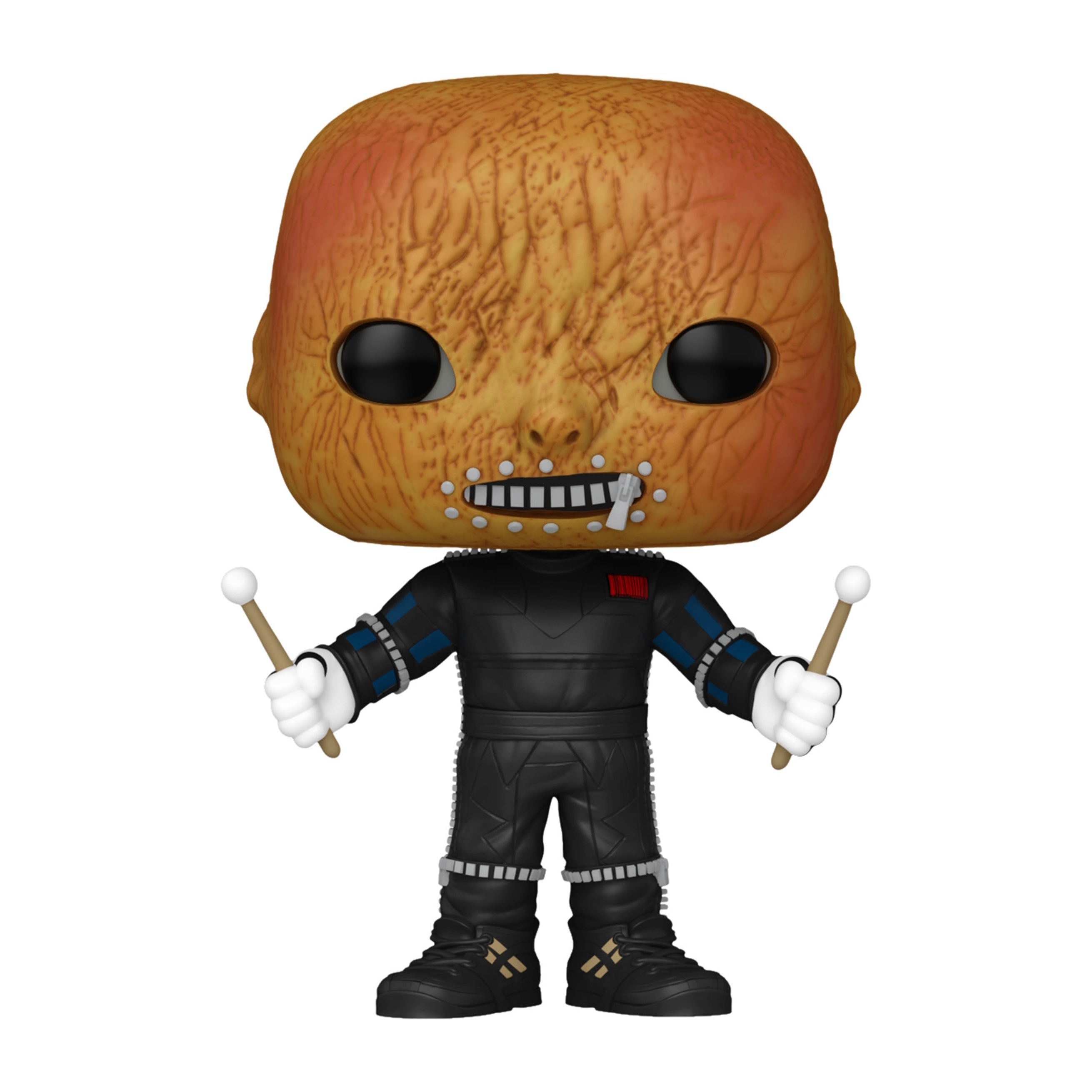 Funko Pop! Figur einer Figur mit orangefarbenem Kopf, schwarzem Outfit, hält Trommelstöcke.