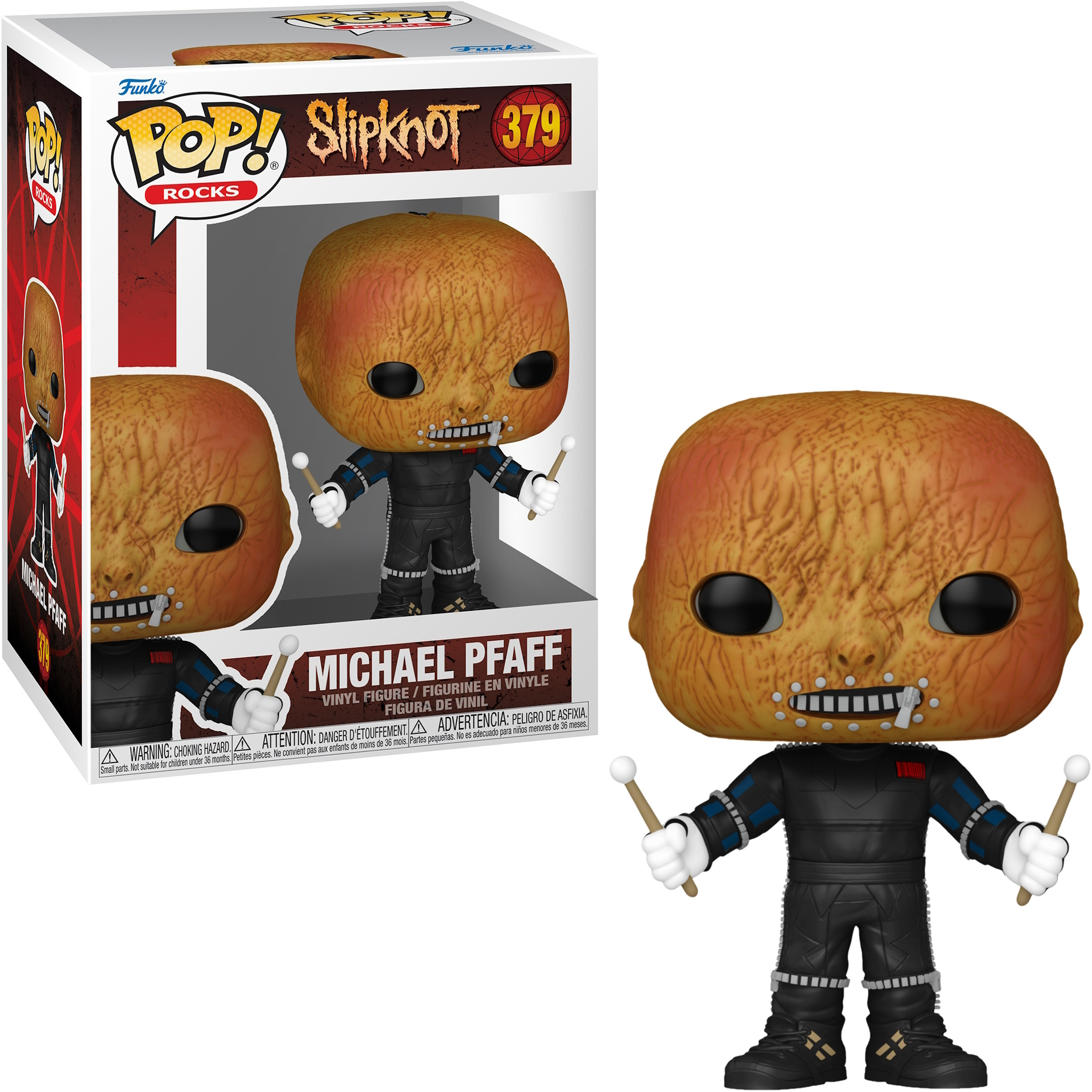Eine Funko Pop Figur eines Mannes mit vernarbtem Gesicht, schwarzem Outfit, der Drumsticks hält.