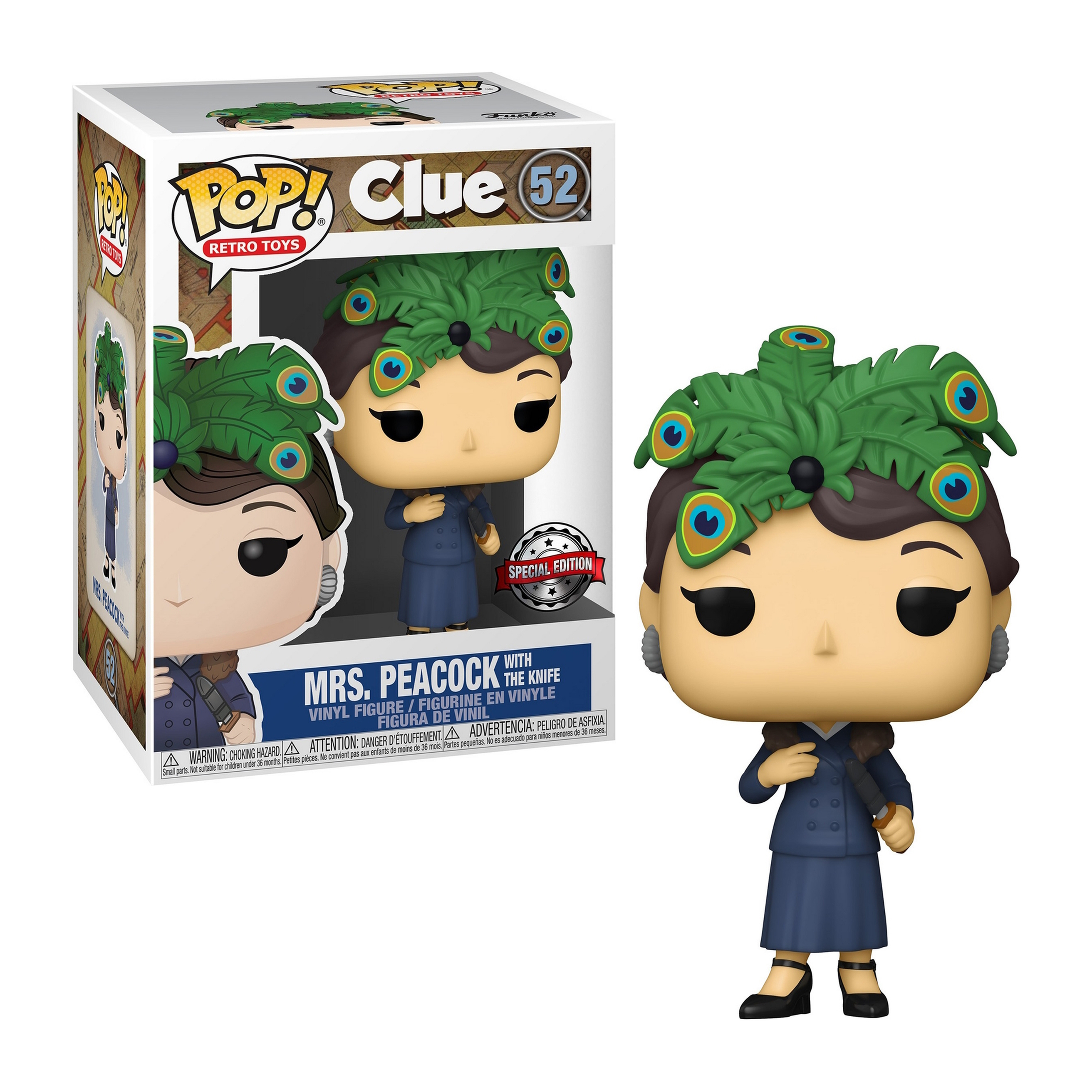 Mrs. Peacock Clue Figur in der Box. Sie trägt einen Pfauenfedernhut.