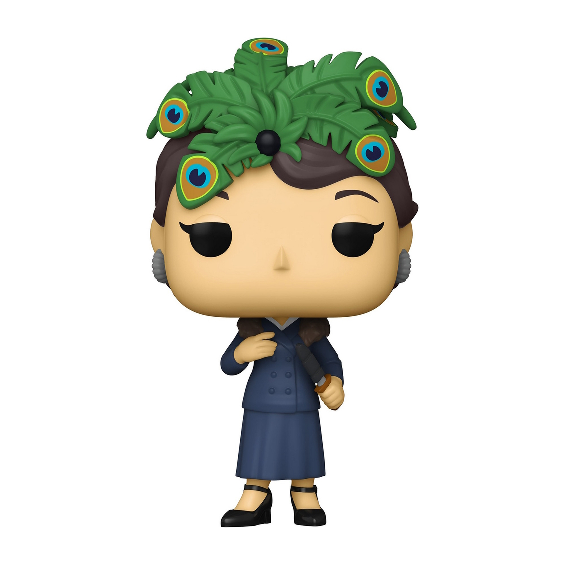Funko Pop! Figur von Mrs. Davis, trägt einen grünen Hut, mit einem blauen Kleid.