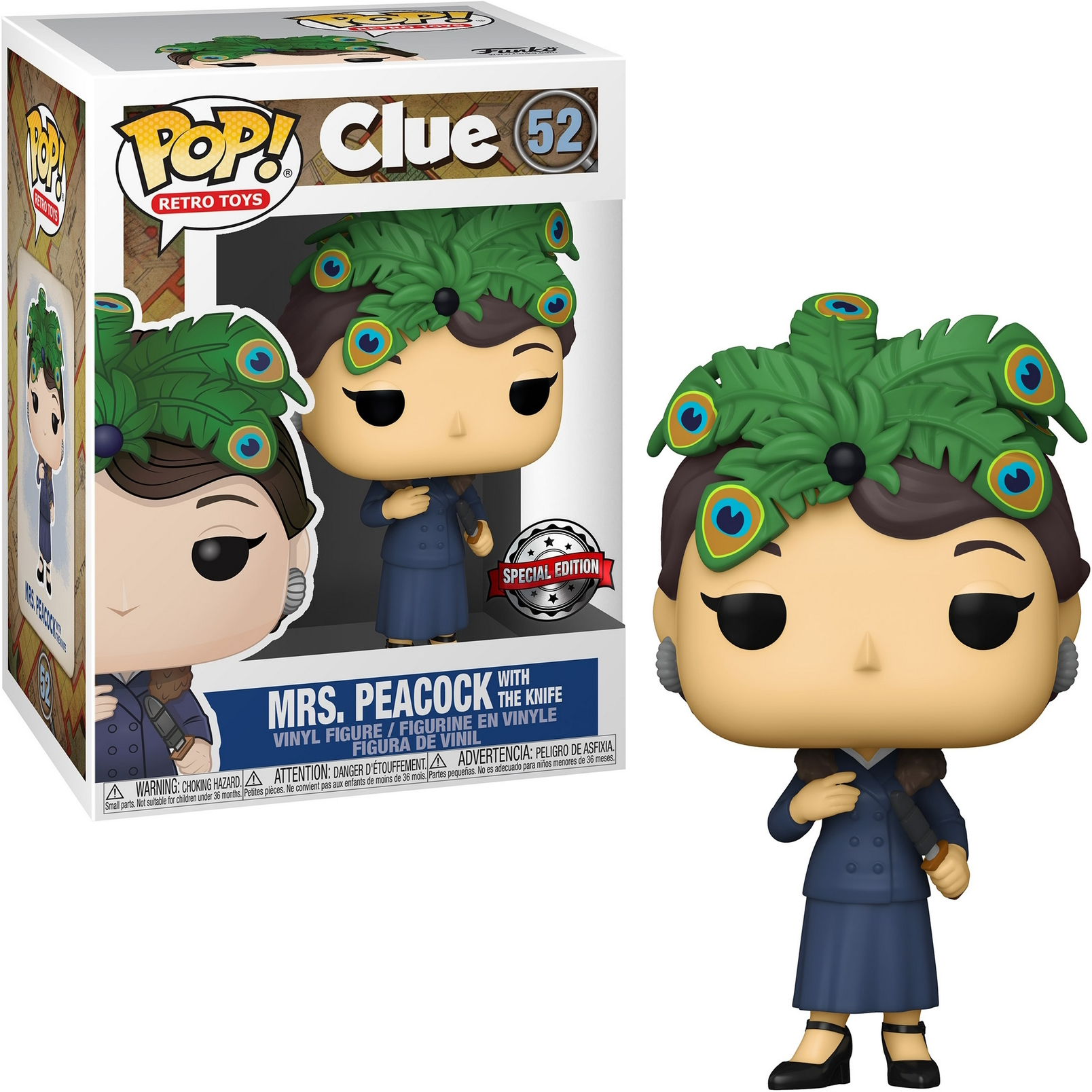 Mrs. Peacock Funko Pop Figur aus Clue, in blauem Kleid und Federhut, mit Messer, mit Box.