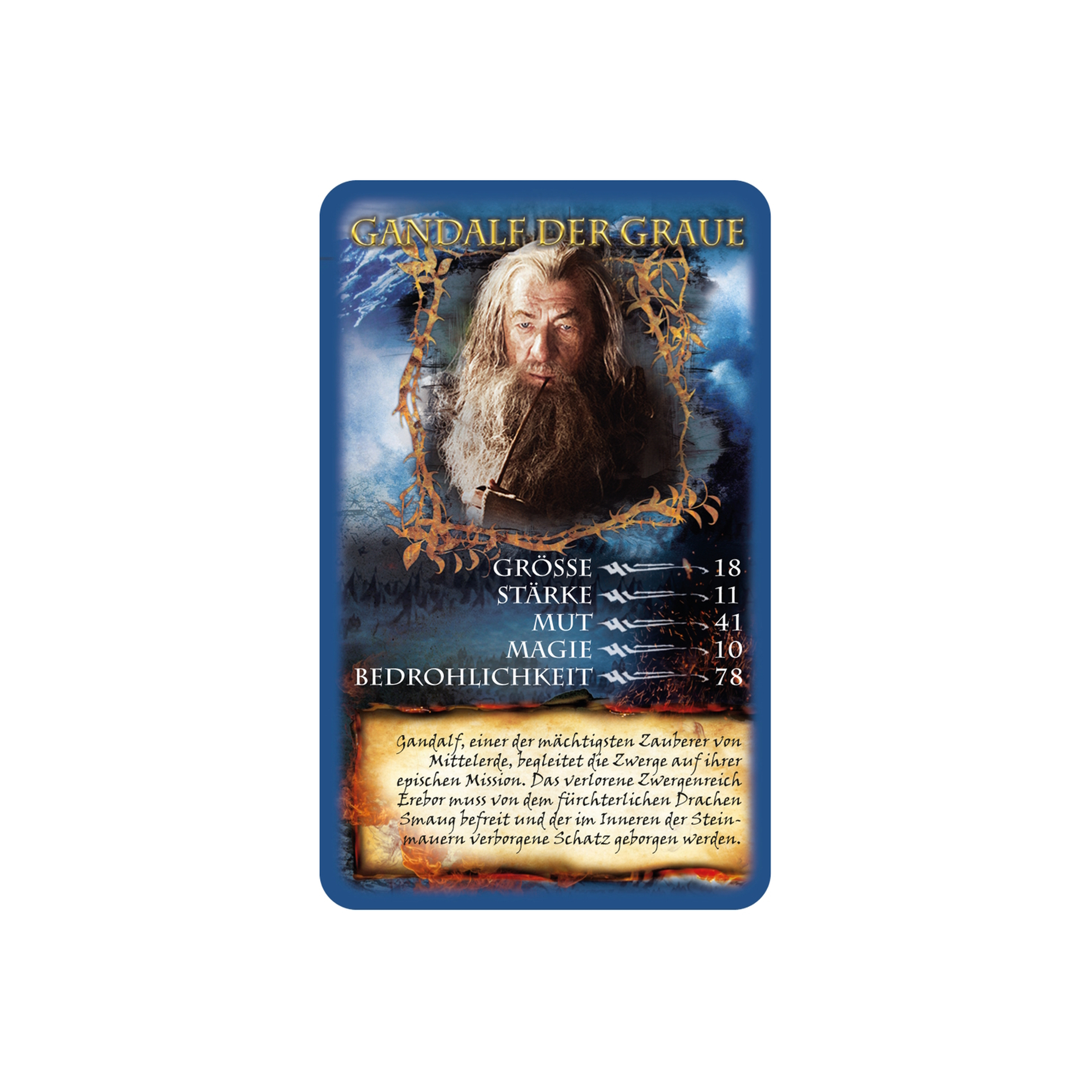 Gandalf-Karte aus Herr der Ringe. Bild von Gandalf. Text auf Deutsch mit Werten für Größe, Stärke und Magie.