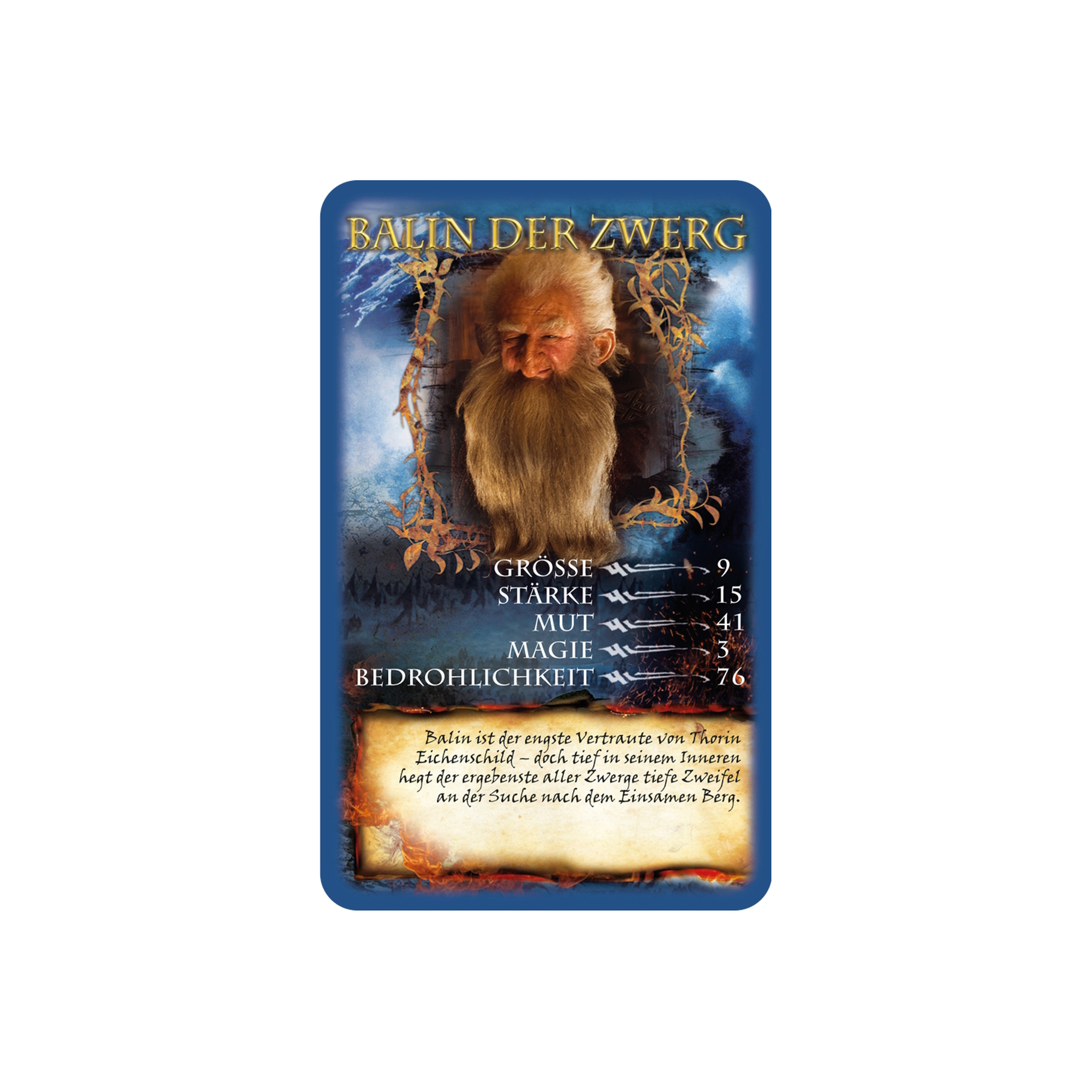 Eine Fantasy-Karte mit einem Zwerg, Text in Fremdsprache und Statistiken für Größe, Stärke und mehr.