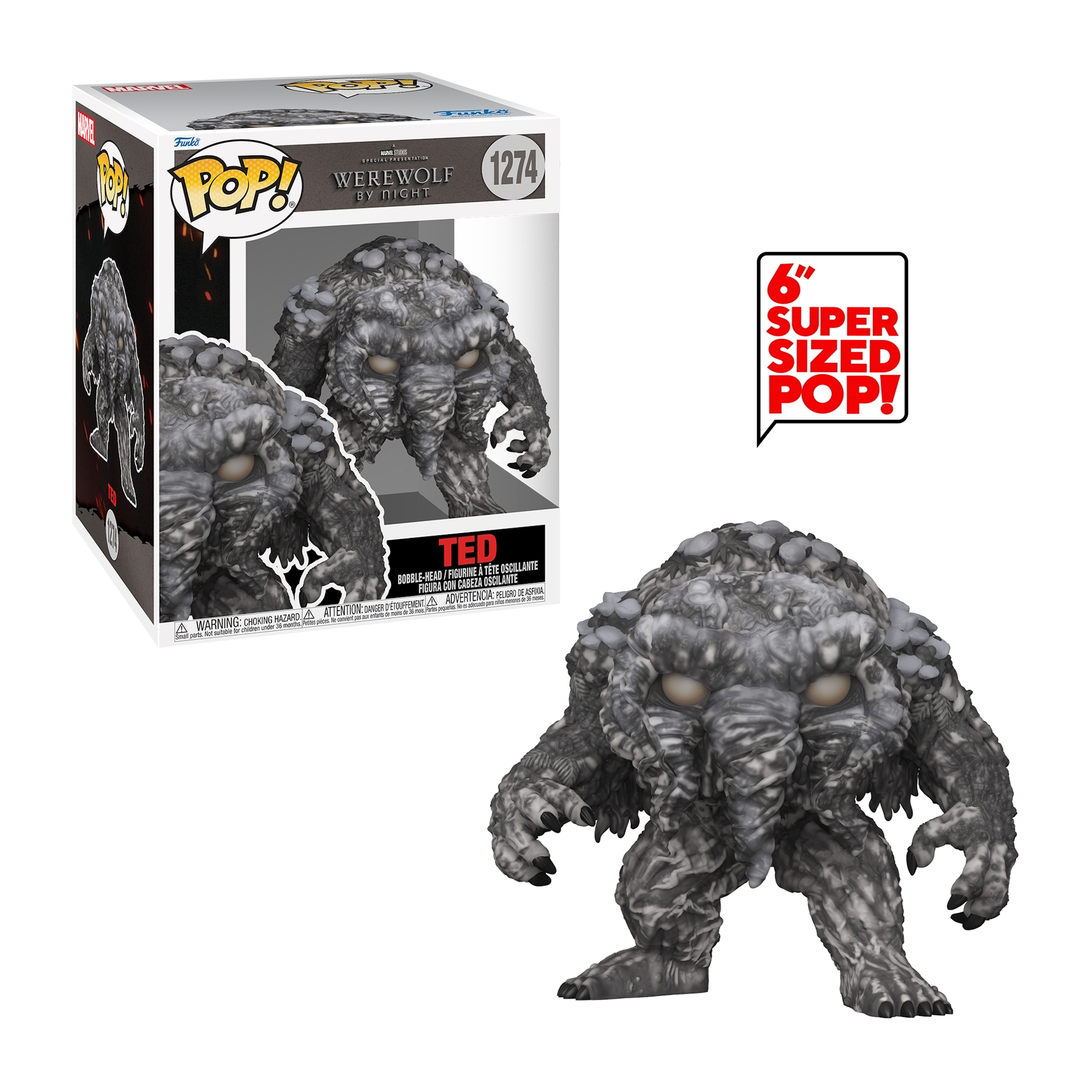 Ted, die Werwolf by Night Funko Pop Figur, grau mit detaillierter Textur, in einer Box.