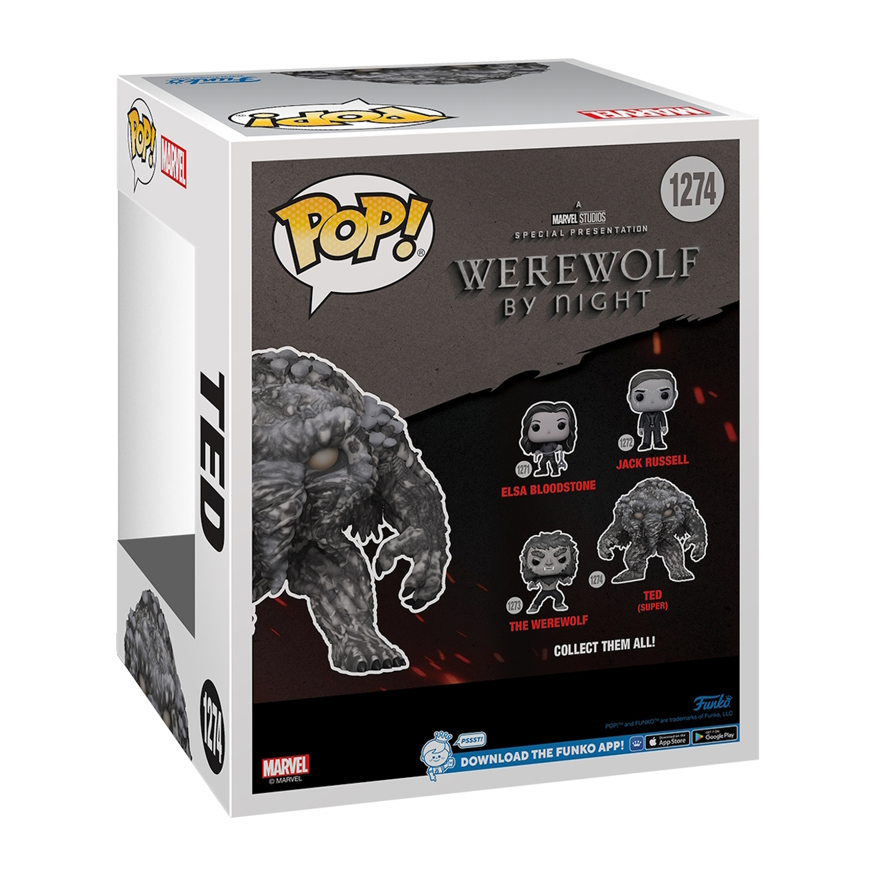 Eine Funko Pop-Box für eine Werewolf by Night-Figur. Die Box zeigt die Figur und andere Figuren.