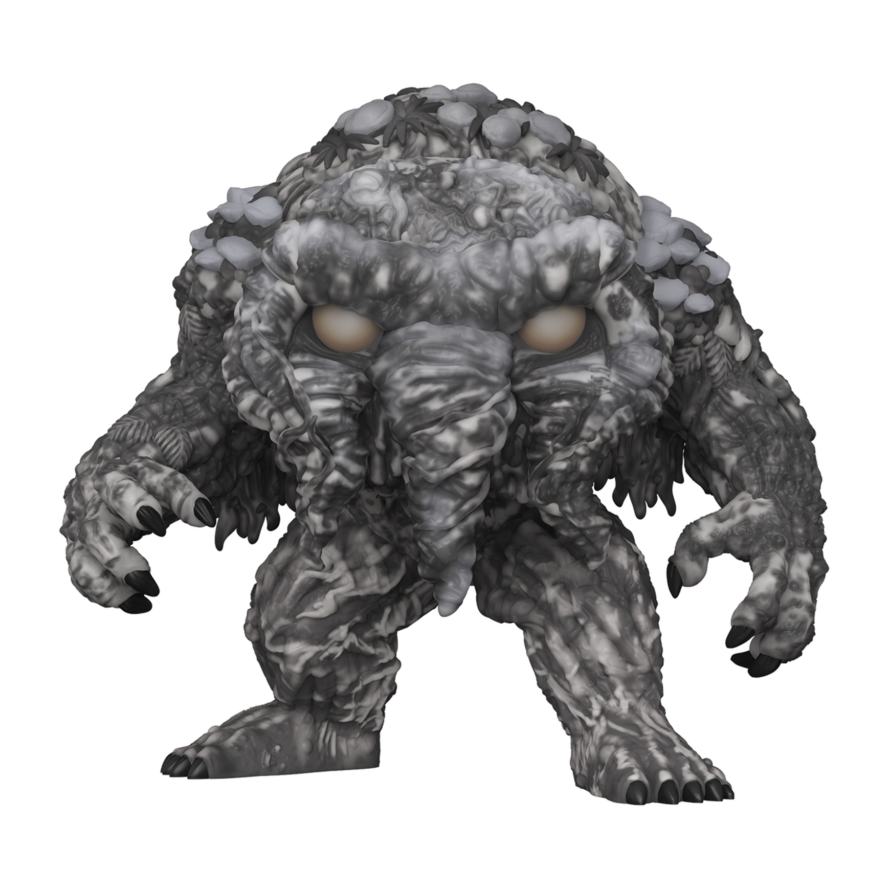 Graue Monsterfigur mit großen Augen. Die Figur hat eine raue, strukturierte Oberfläche.