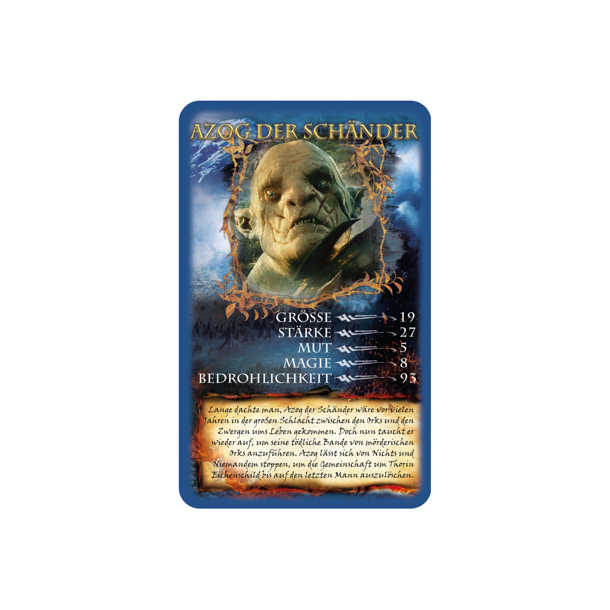 Ork-Karte mit Azog. Die Karte zeigt das Gesicht des Orks und seine Werte.