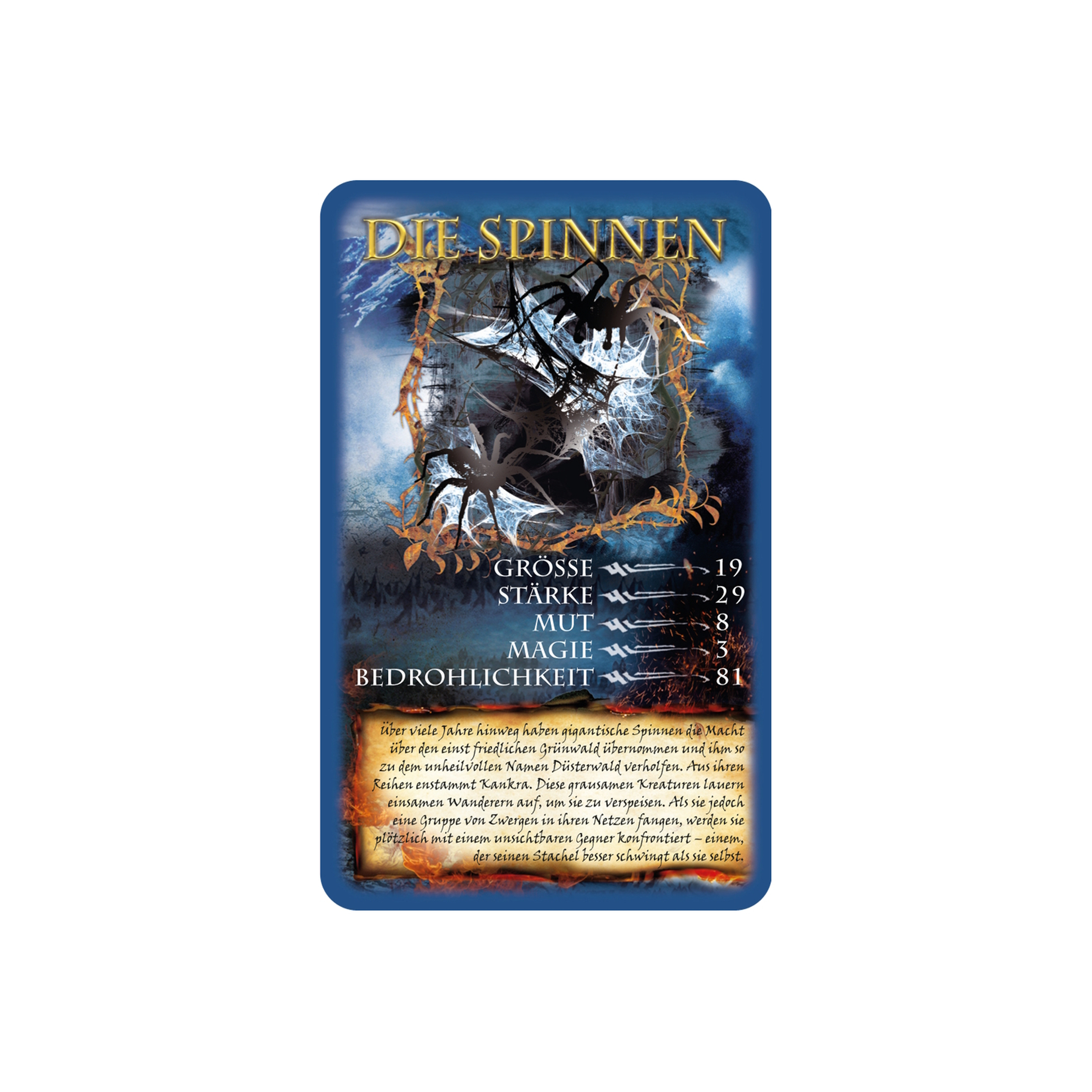 Tarotkarte mit Spinnen. Die Karte hat Text auf Deutsch über Größe, Stärke, Mut und Bedrohung.