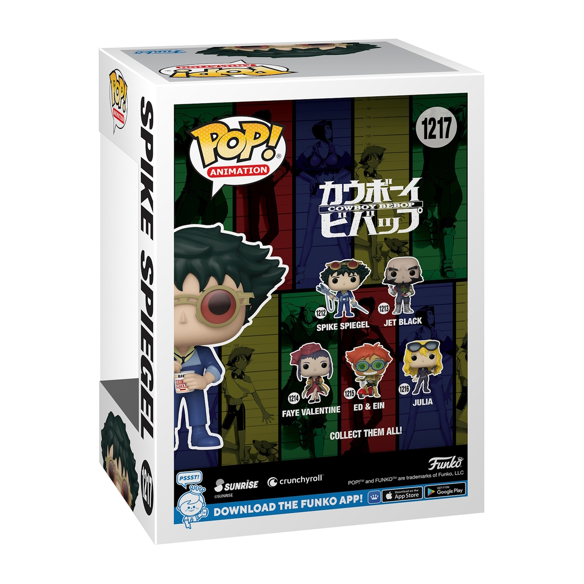 Funko Pop-Box mit Spike Spiegel von Cowboy Bebop und anderen Charakteren.