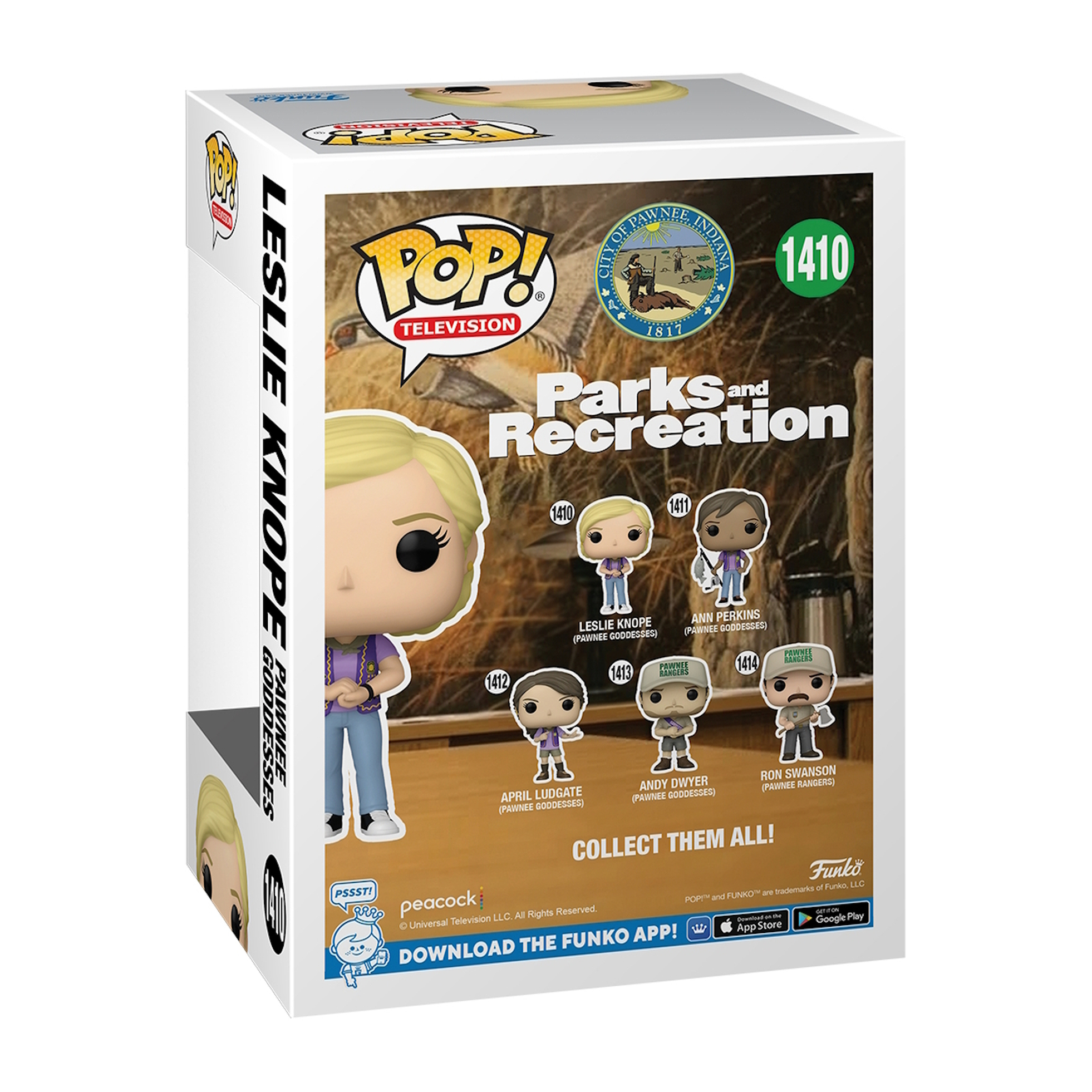 Funko Pop-Box mit Leslie Knope aus Parks and Recreation. Die Figur ist blond und trägt ein lila Hemd und Jeans.