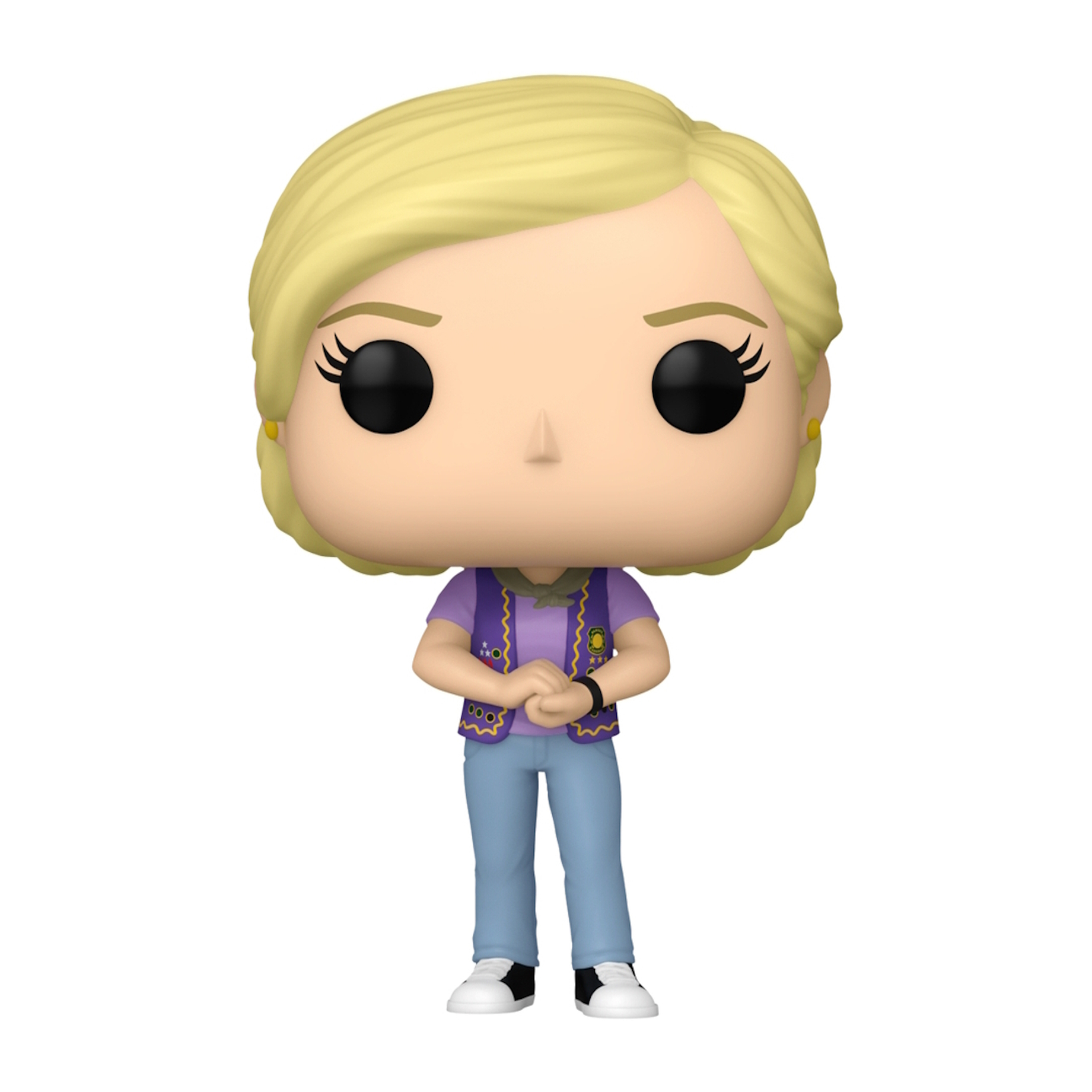 Funko Pop Figur einer Frau mit blonden Haaren, die ein lila Hemd und blaue Hose trägt.